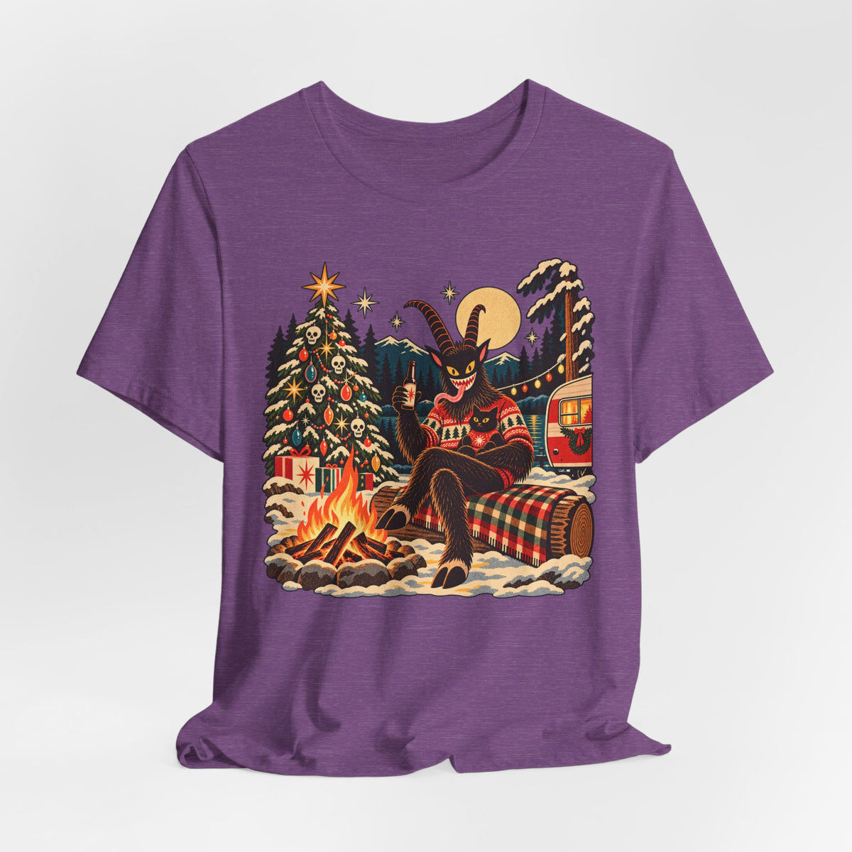 Krampus Campfire Christmas T-Shirt in Heather Brown - funny dark Krampus campfire Christmas holiday graphic tee, Barely Outdoorsy