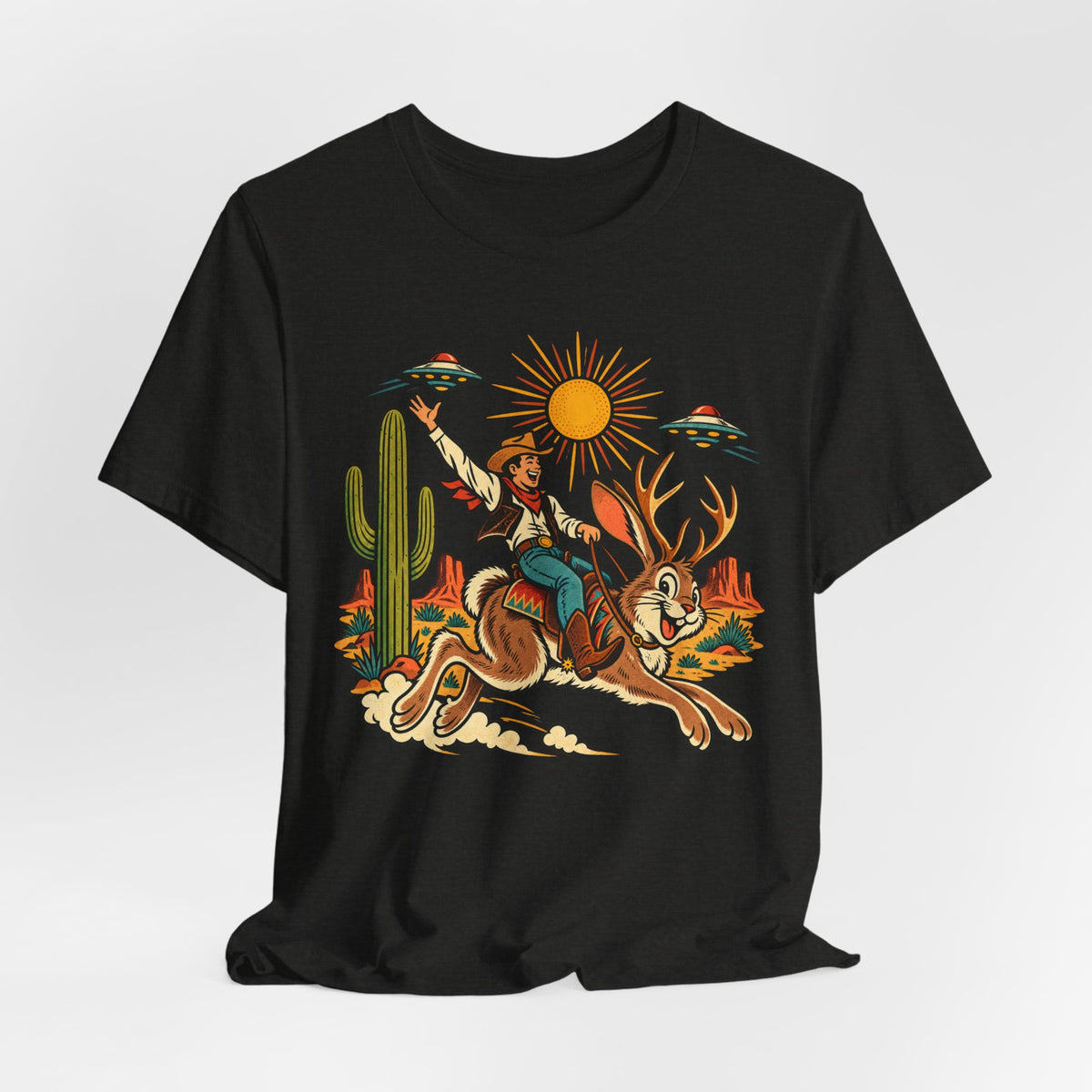 Jackalope Rodeo Rider T-Shirt in Mauve - funny retro jackalope rodeo graphic tee, Barely Outdoorsy