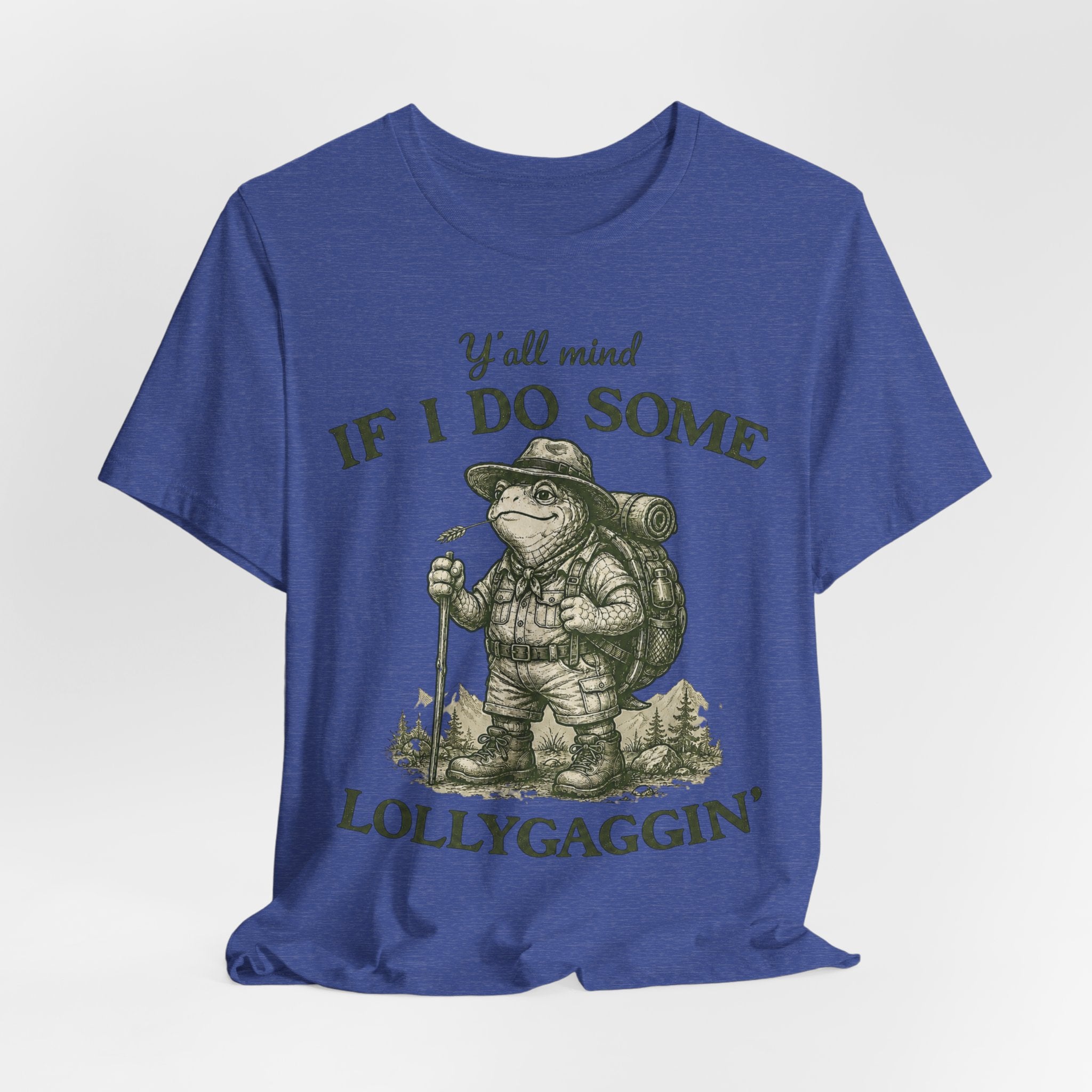 Lollygaggin' Tortoise Funny Hiking T-Shirt flat lay Athletic Heather - unisex crew neck tortoise hiking graphic tee, Barely Outdoorsy