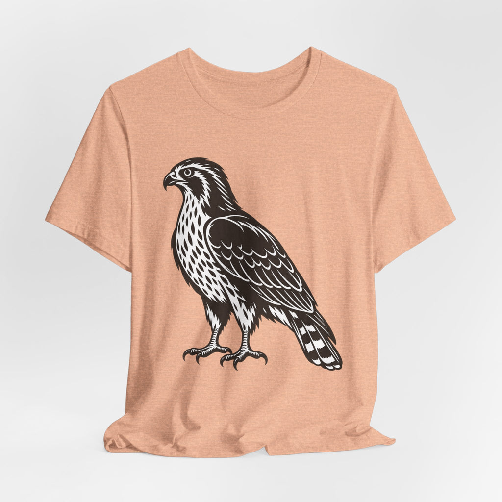 Hawk Woodcut Tee flat lay Athletic Heather - unisex crew neck hawk woodcut graphic tee, Barely Outdoorsy