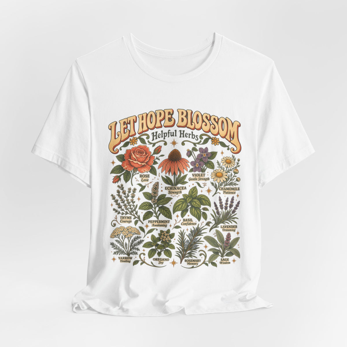Let Hope Blossom Helpful Herbs T-Shirt in Heather Green - cottagecore botanical helpful herbs hope wildflower graphic tee, Barely Outdoorsy Bella Canvas 3001