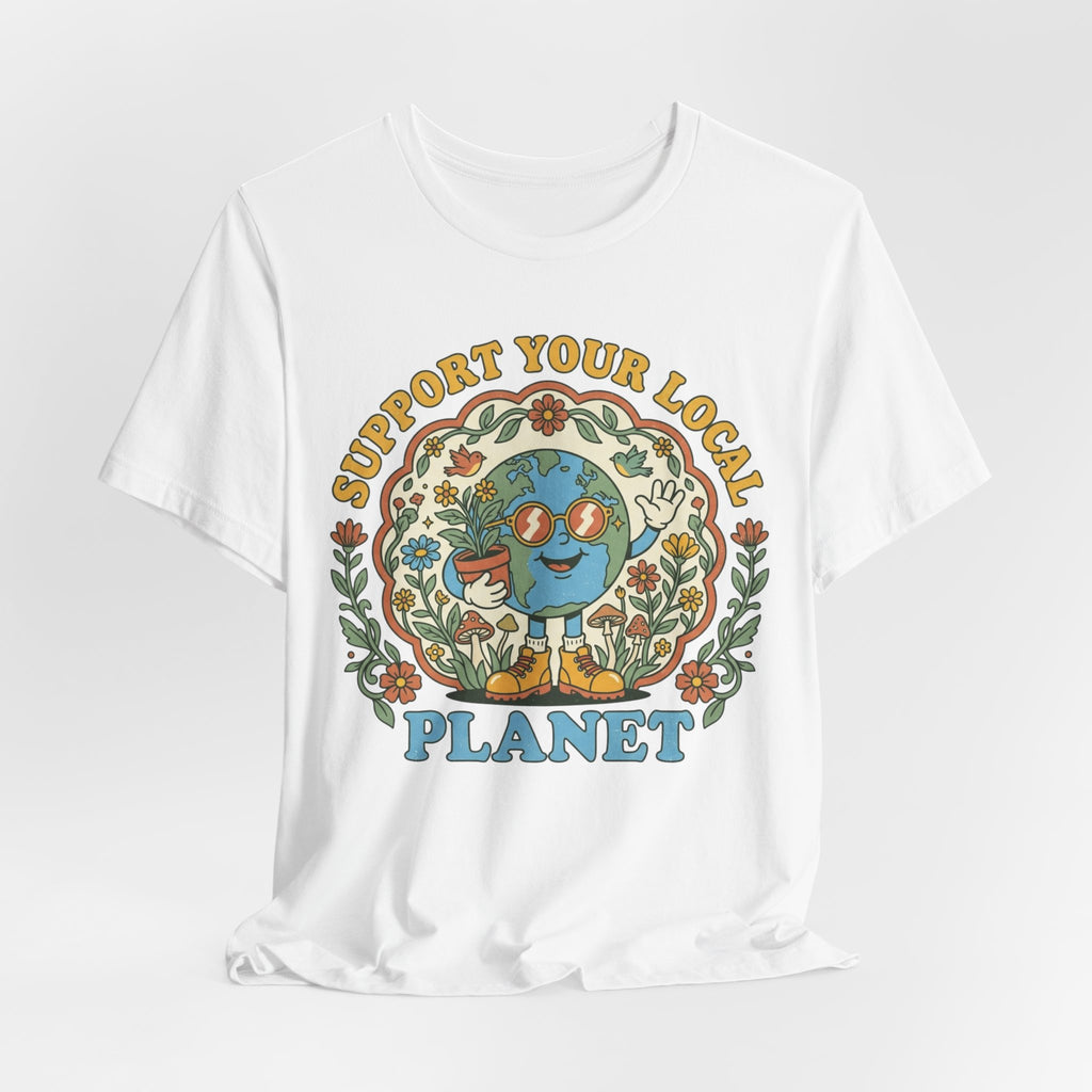 Support Your Local Planet T-Shirt in Dark Grey Heather - funny environmental humor graphic tee, Barely Outdoorsy Bella Canvas 3001