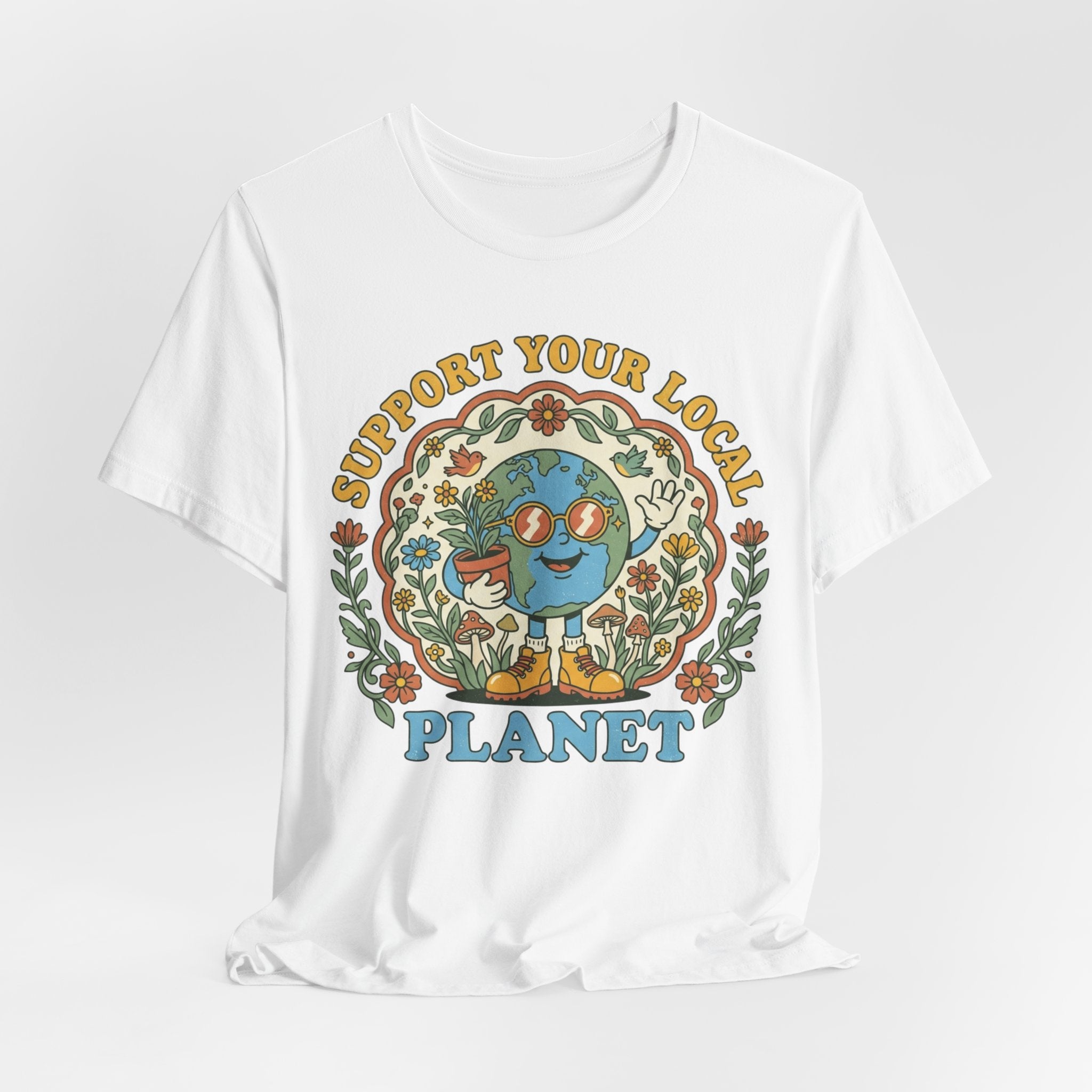 Support Your Local Planet T-Shirt in Dark Grey Heather - funny environmental humor graphic tee, Barely Outdoorsy Bella Canvas 3001