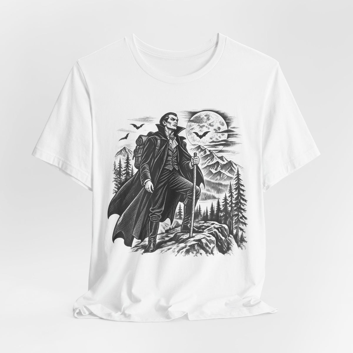 Vampire Night Hiker Tee in White - funny vampire hiker engraving shirt, Barely Outdoorsy Bella Canvas 3001