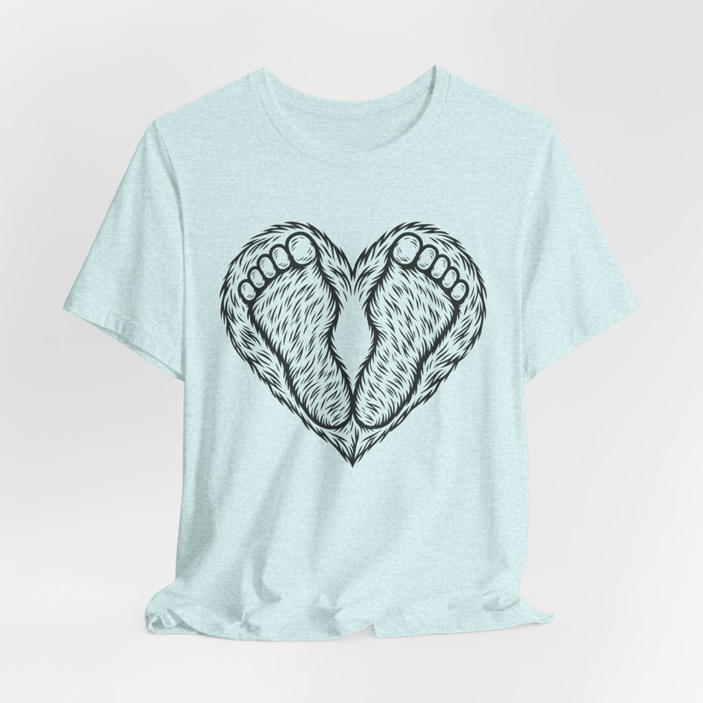 Bigfoot Feet Heart Tee in Heather Prism Lilac - funny Sasquatch heart graphic shirt, Barely Outdoorsy Bella Canvas