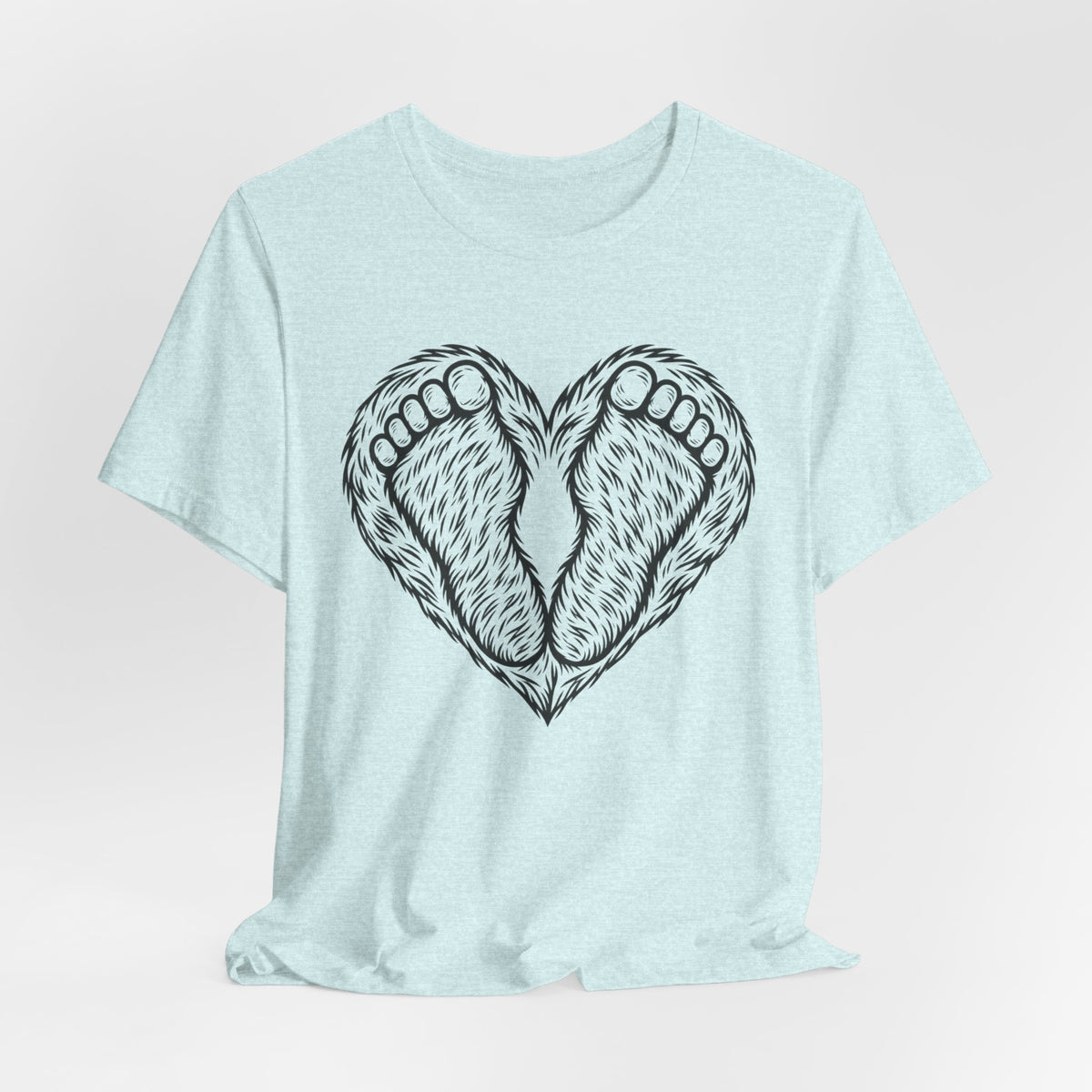 Bigfoot Feet Heart Tee in Heather Prism Lilac - funny Sasquatch heart graphic shirt, Barely Outdoorsy Bella Canvas