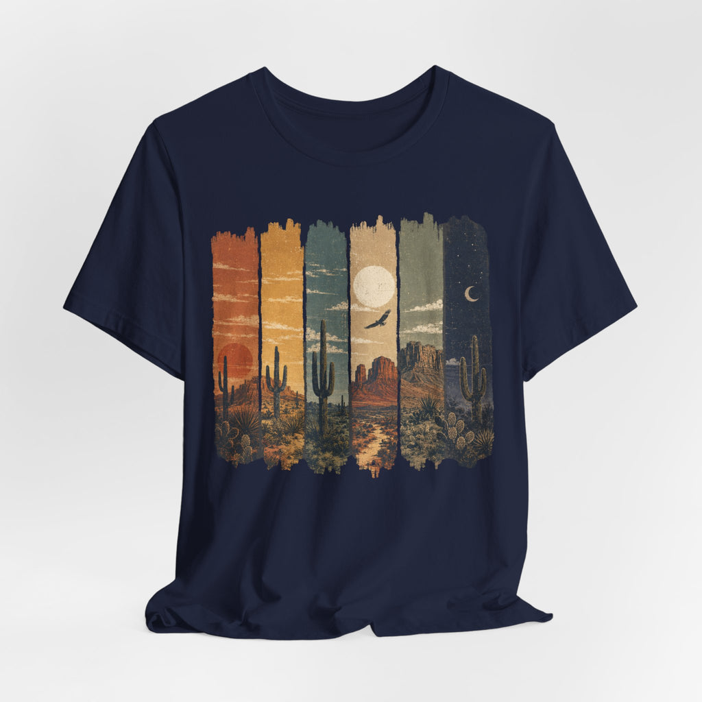 Desert Day to Night Saguaro T-Shirt flat lay Athletic Heather - unisex crew neck saguaro graphic tee, Barely Outdoorsy
