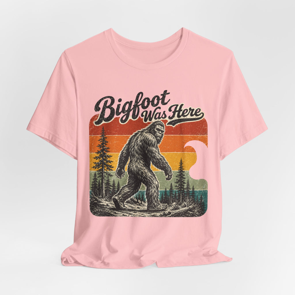 Bigfoot Was Here T-Shirt flat lay Athletic Heather - unisex crew neck retro Sasquatch graphic tee, Barely Outdoorsy