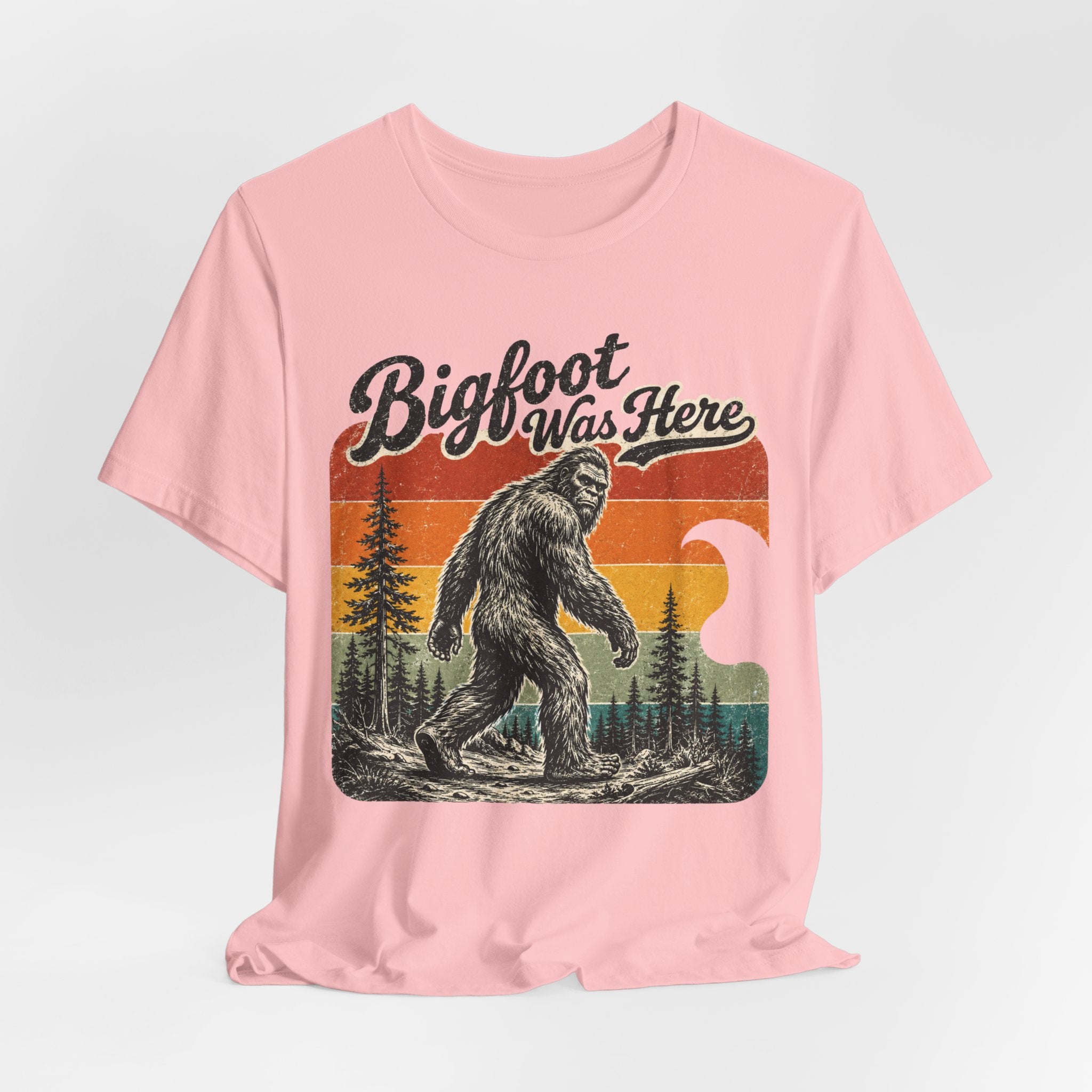 Bigfoot Was Here T-Shirt flat lay Athletic Heather - unisex crew neck retro Sasquatch graphic tee, Barely Outdoorsy