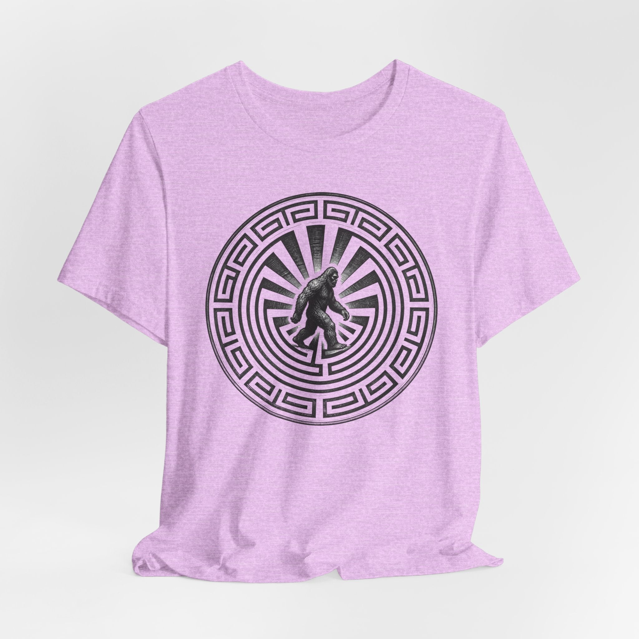Bigfoot in a Maze Petroglyph T-Shirt in White detail - Bigfoot spiral maze petroglyph close-up graphic