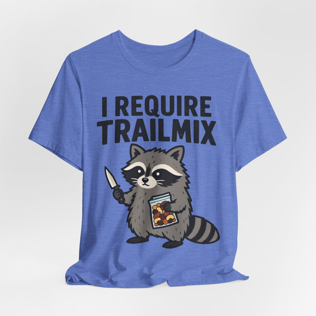 I Require Trailmix Raccoon T-Shirt flat lay Heather Orange - unisex crew neck raccoon humor graphic tee, Barely Outdoorsy