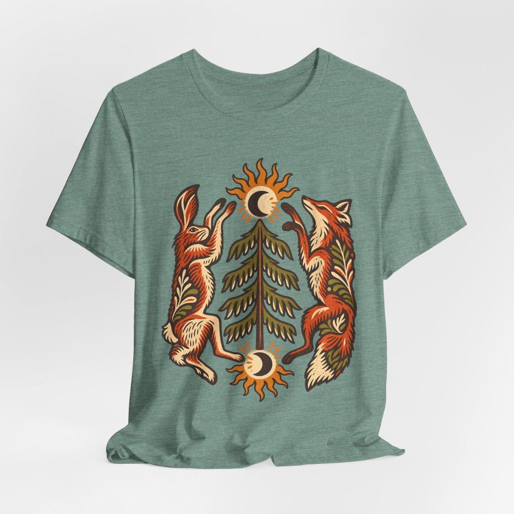 Fox and Hare Folk Art T-Shirt in Heather Brown - folk art fox and hare woodland wildlife graphic tee, Barely Outdoorsy