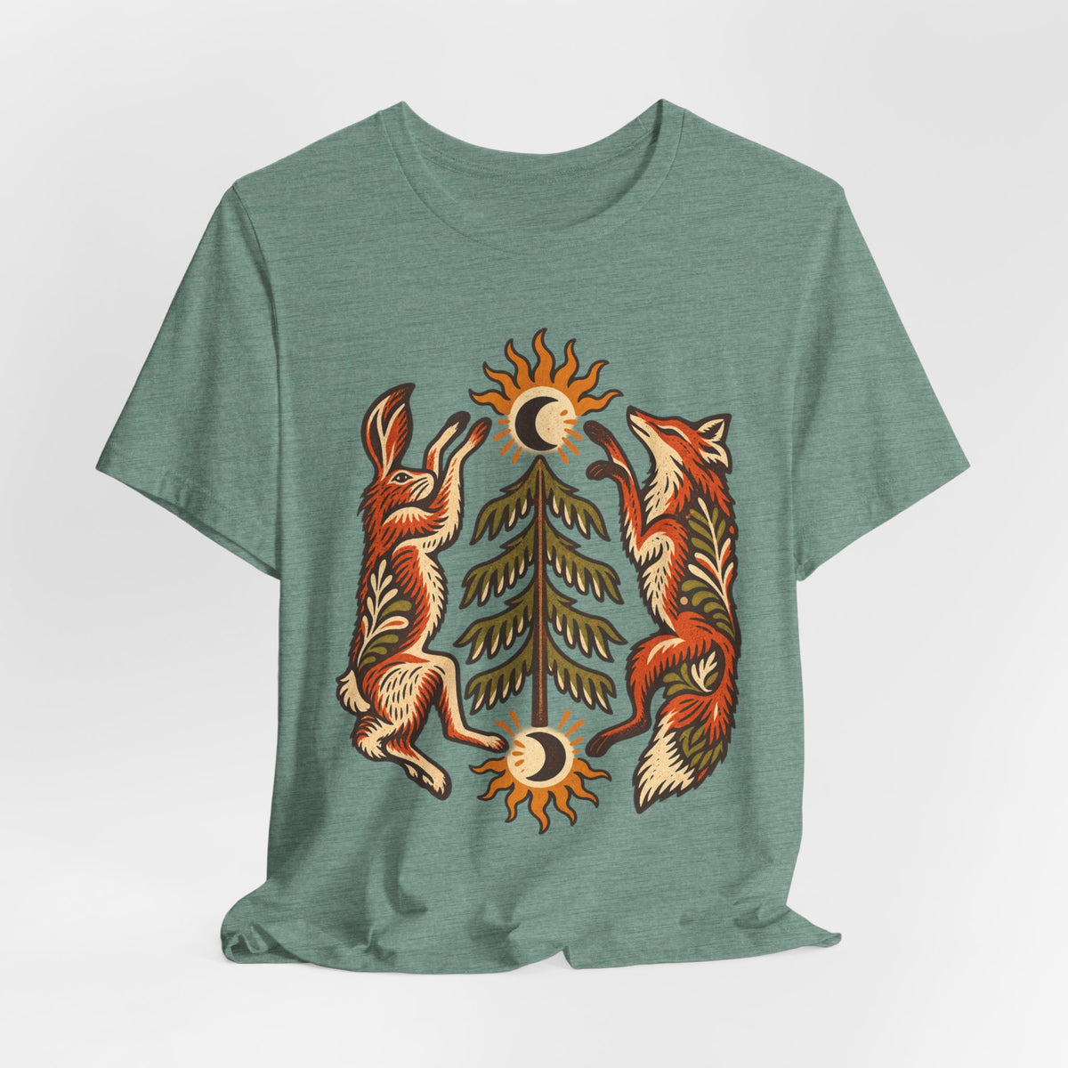 Fox and Hare Folk Art T-Shirt in Heather Brown - folk art fox and hare woodland wildlife graphic tee, Barely Outdoorsy