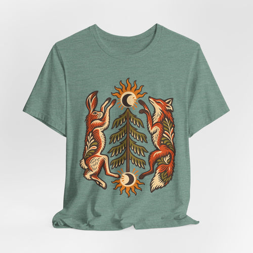 Fox and Hare Folk Art T-Shirt in Heather Brown - folk art fox and hare woodland wildlife graphic tee, Barely Outdoorsy