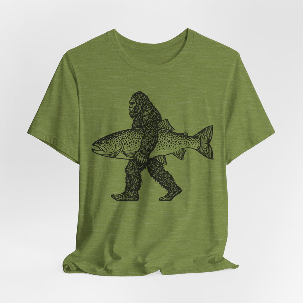 Bigfoot Fishing Sasquatch Trout T-Shirt in Heather Clay - funny Bigfoot fishing Sasquatch trout fisherman graphic tee, Barely Outdoorsy