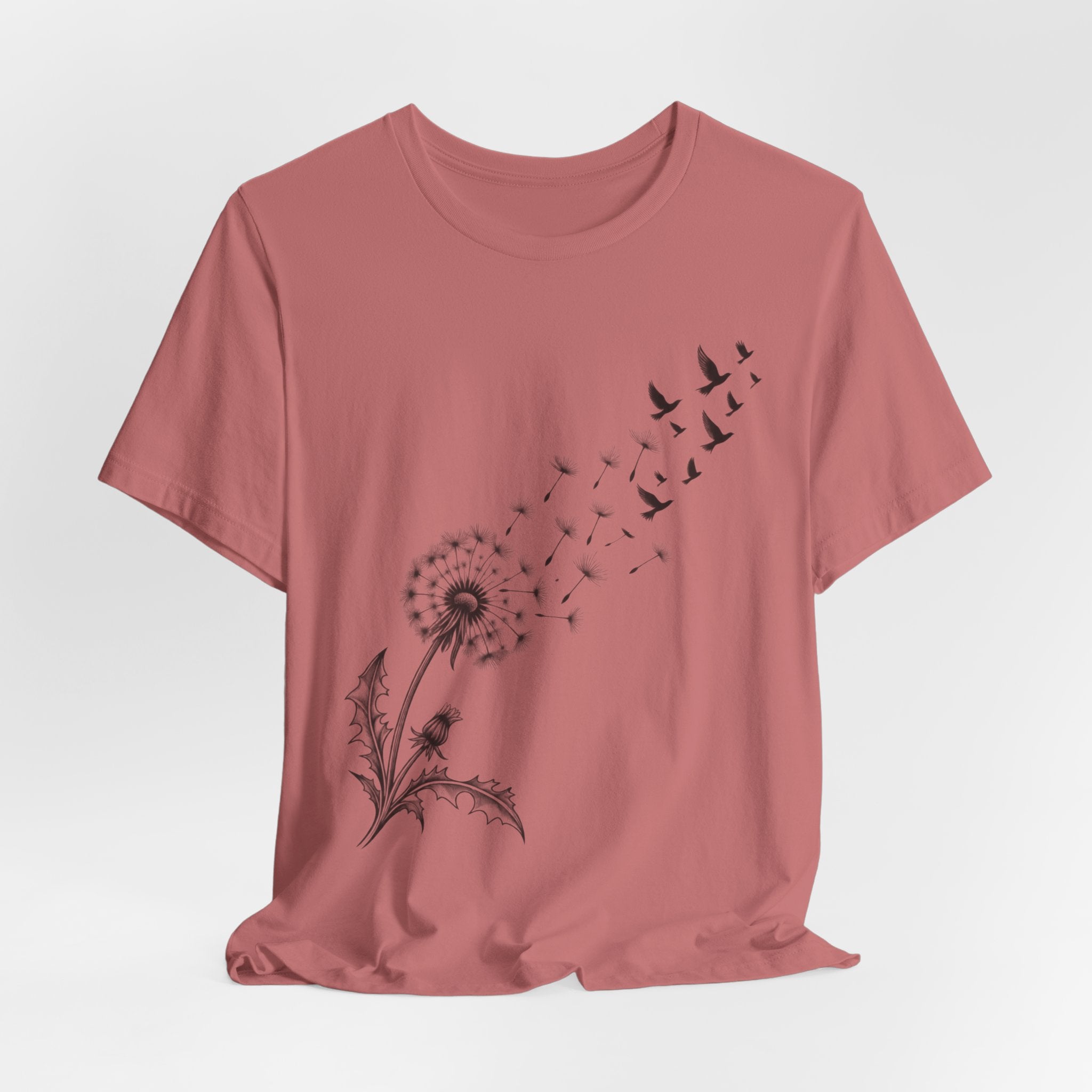 Dandelion Birds Wish Tee in Mauve - cottagecore dandelion birds shirt, Barely Outdoorsy Bella Canvas 3001
