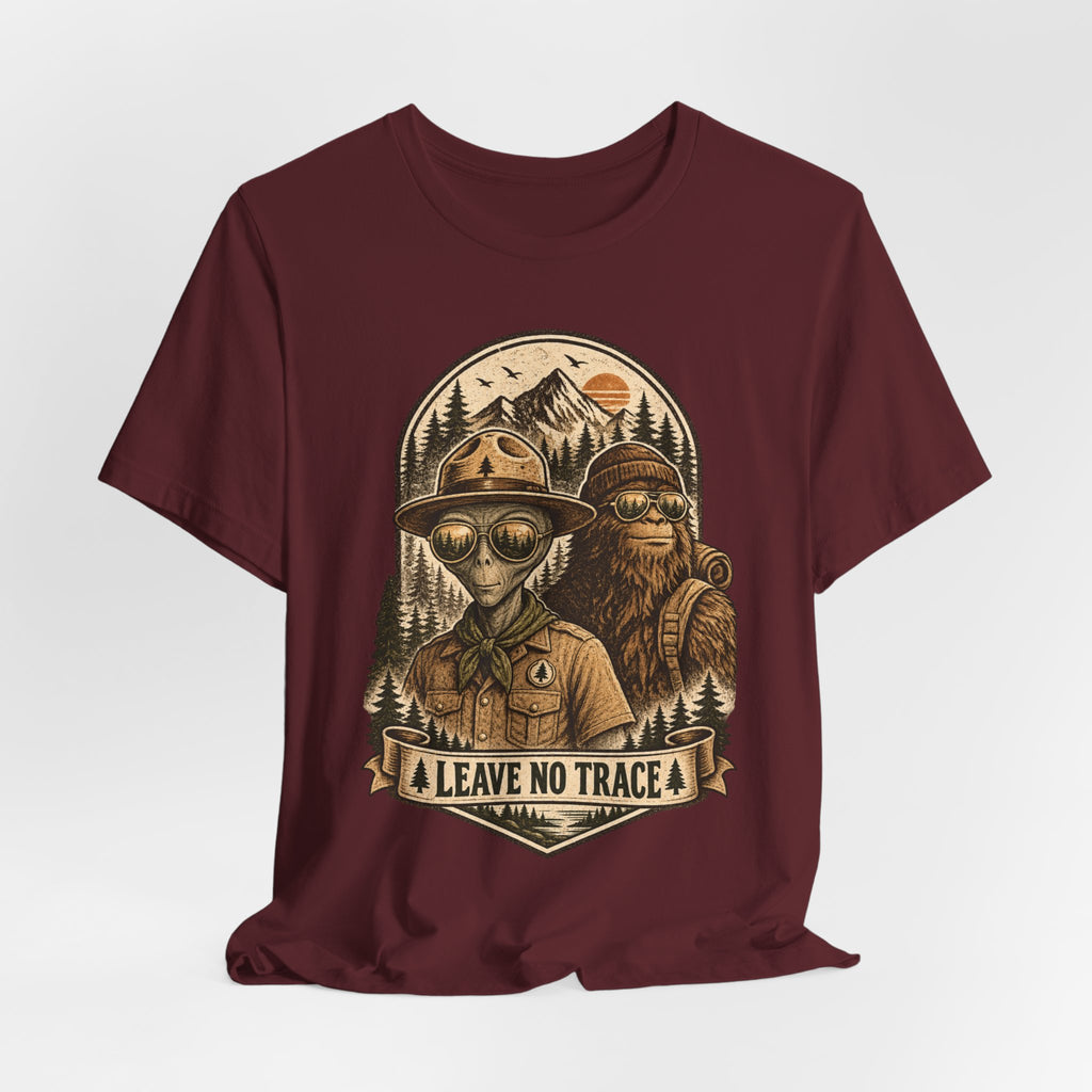 Alien Ranger Bigfoot T-Shirt in Heather True Royal detail - alien ranger Bigfoot close-up graphic, Barely Outdoorsy Bella Canvas