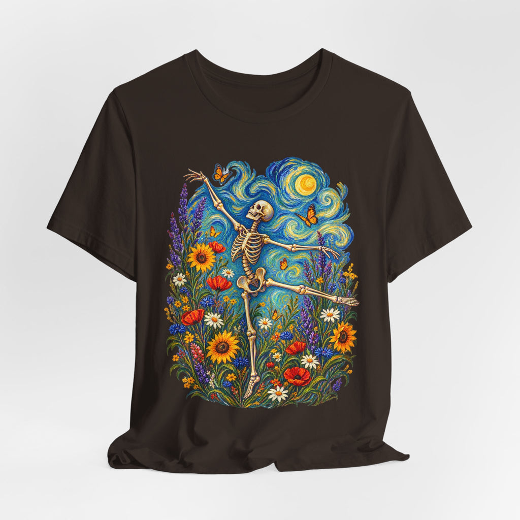 Starry Night Dancing Skeleton Tee in Black Heather - dark cottagecore skeleton starry night shirt, Barely Outdoorsy Bella Canvas
