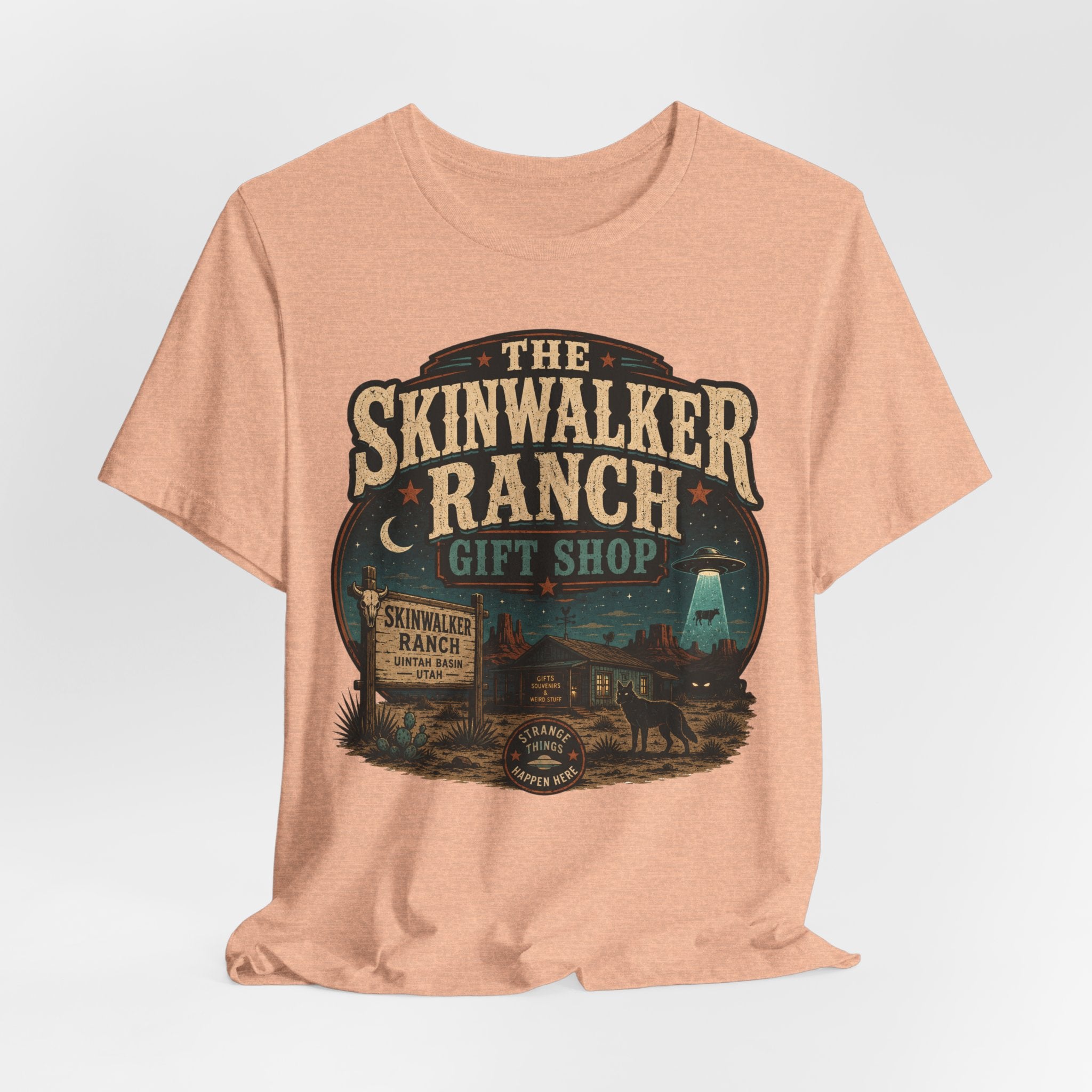 Skinwalker Ranch Gift Shop T-Shirt in Dark Grey Heather - alien UFO ranch gift humor tee