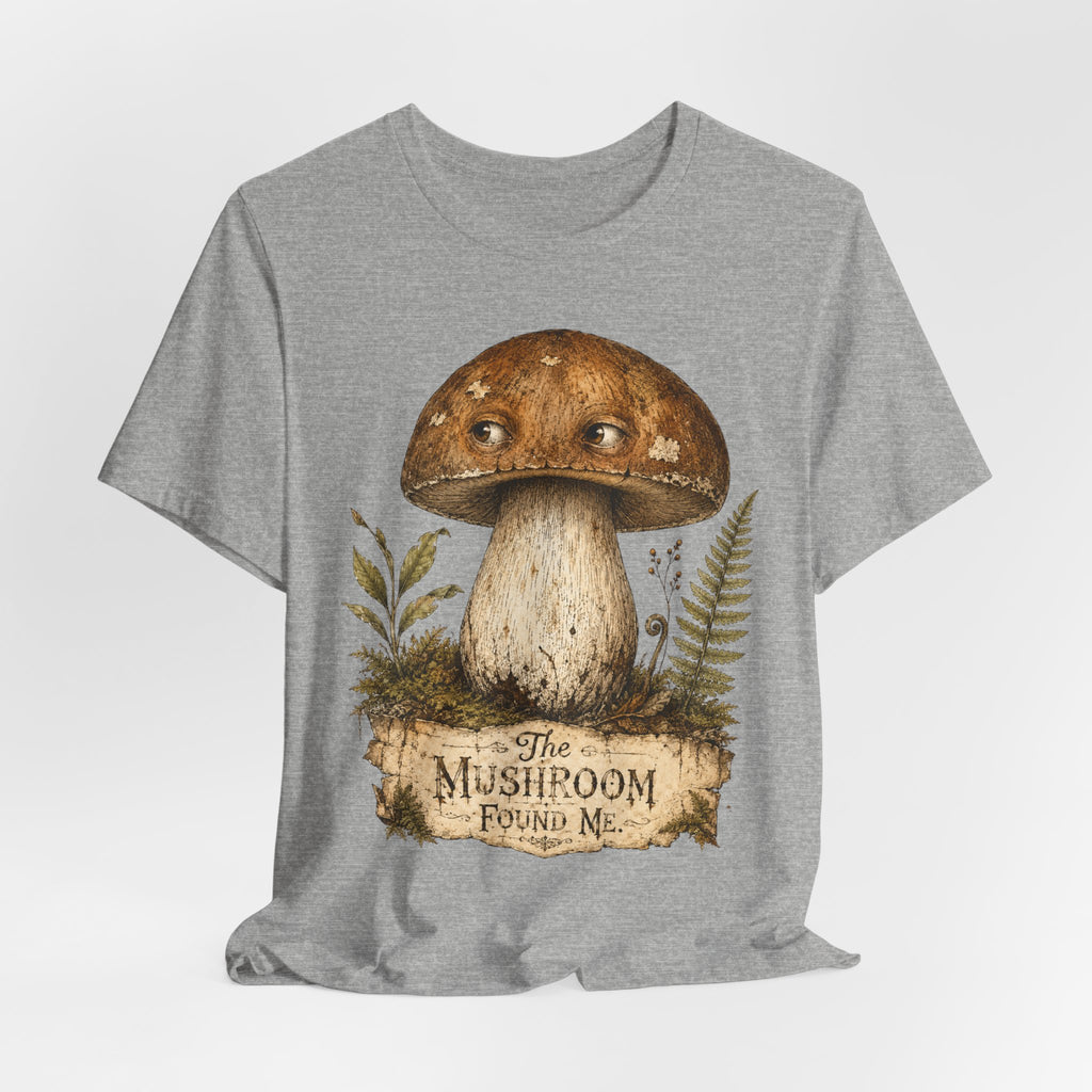 The Mushroom Found Me T-Shirt flat lay Athletic Heather - unisex crew neck mushroom forager graphic tee, Barely Outdoorsy