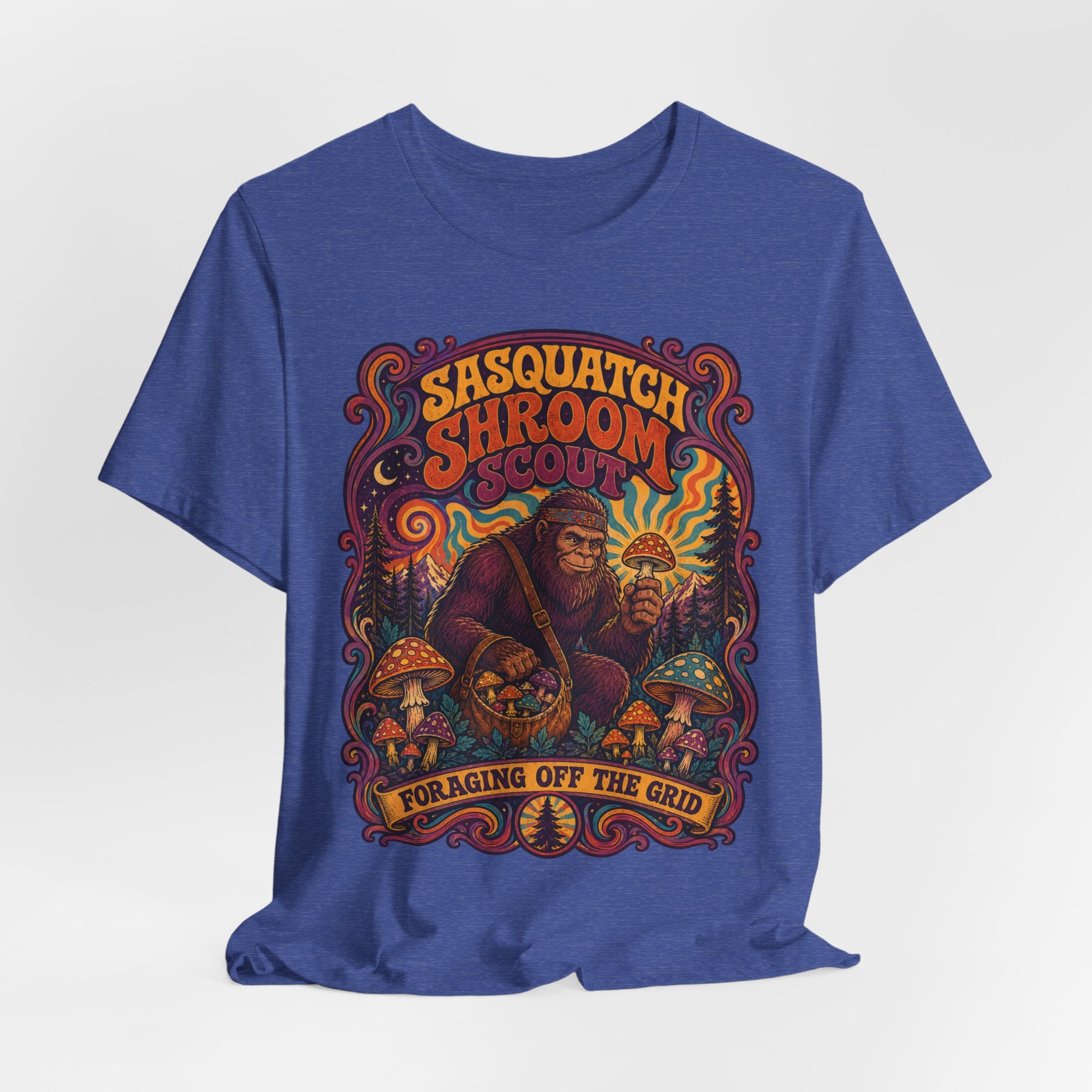Sasquatch Shroom Scout Tee in Heather True Royal - cryptid mushroom humor shirt, Barely Outdoorsy