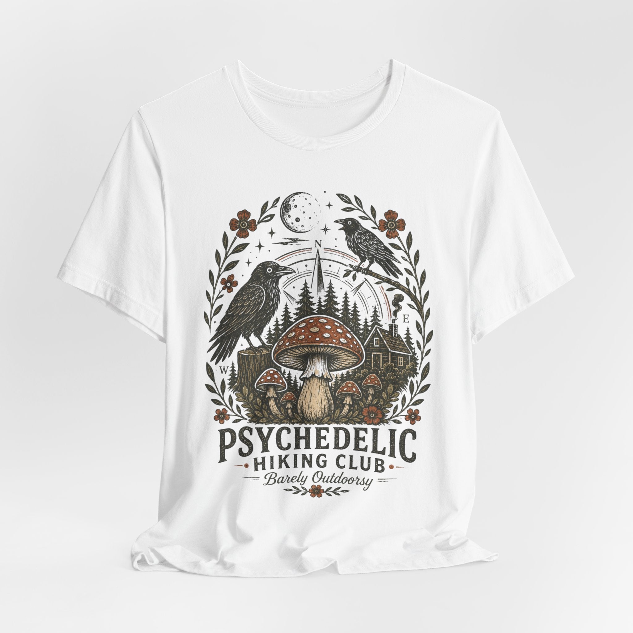 Psychedelic Hiking Club Tee flat lay Athletic Heather - unisex crew neck dark cottagecore hiking graphic tee, Barely Outdoorsy