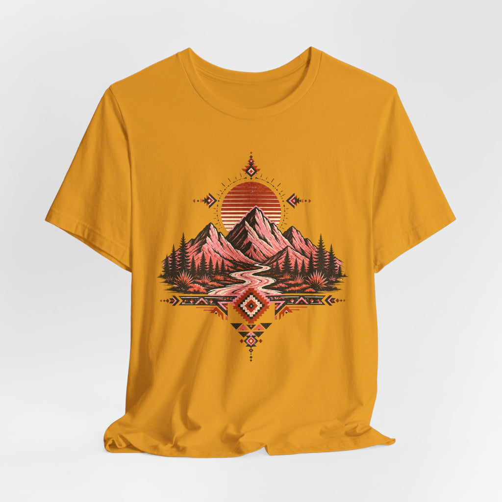 Southwest Mountain Sunset T-Shirt in White worn shot - bold Southwest sunset shirt, Barely Outdoorsy Bella Canvas