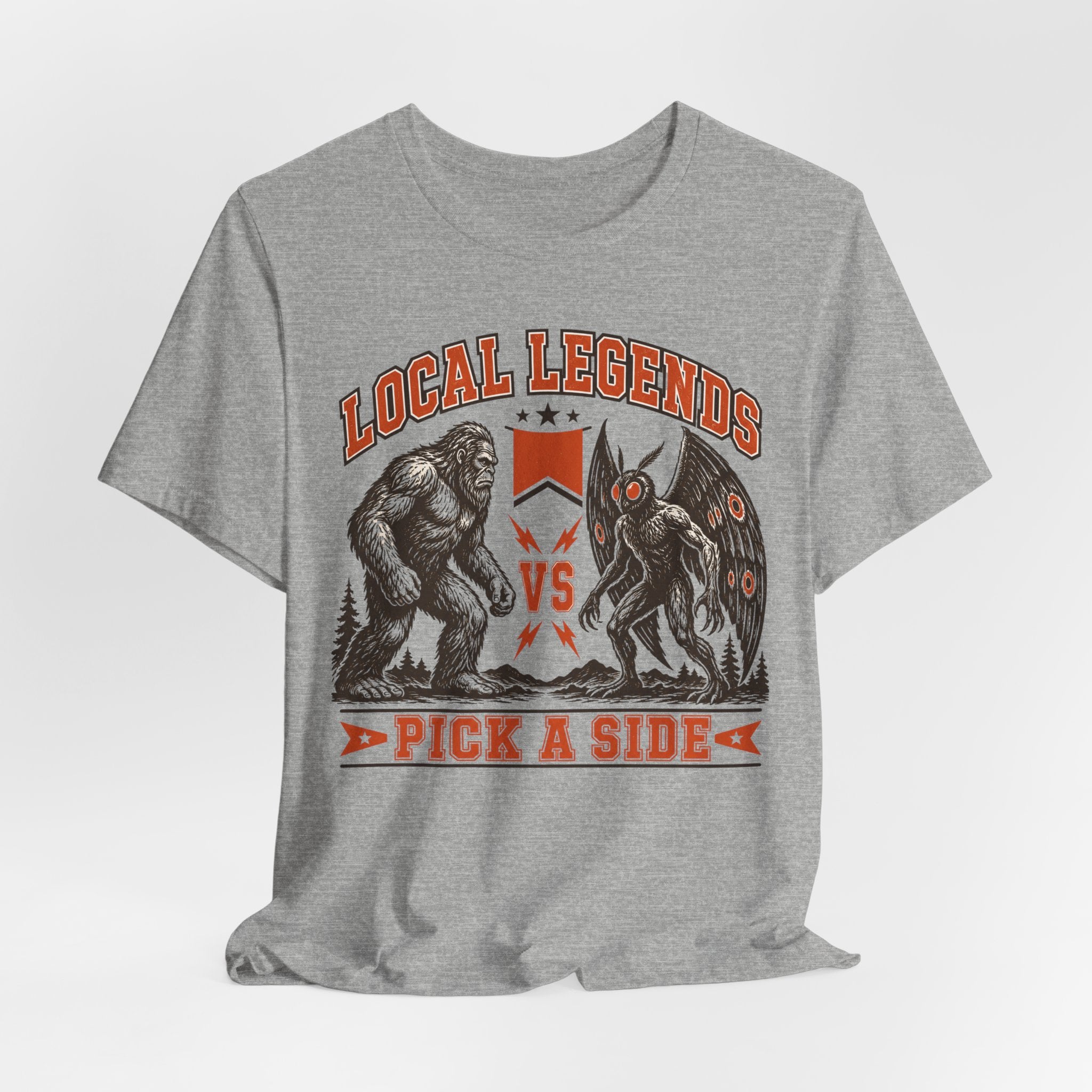 Local Legends Bigfoot vs Mothman T-Shirt in Athletic Heather - cryptid sports rivalry pennant graphic tee, Barely Outdoorsy Bella Canvas 3001