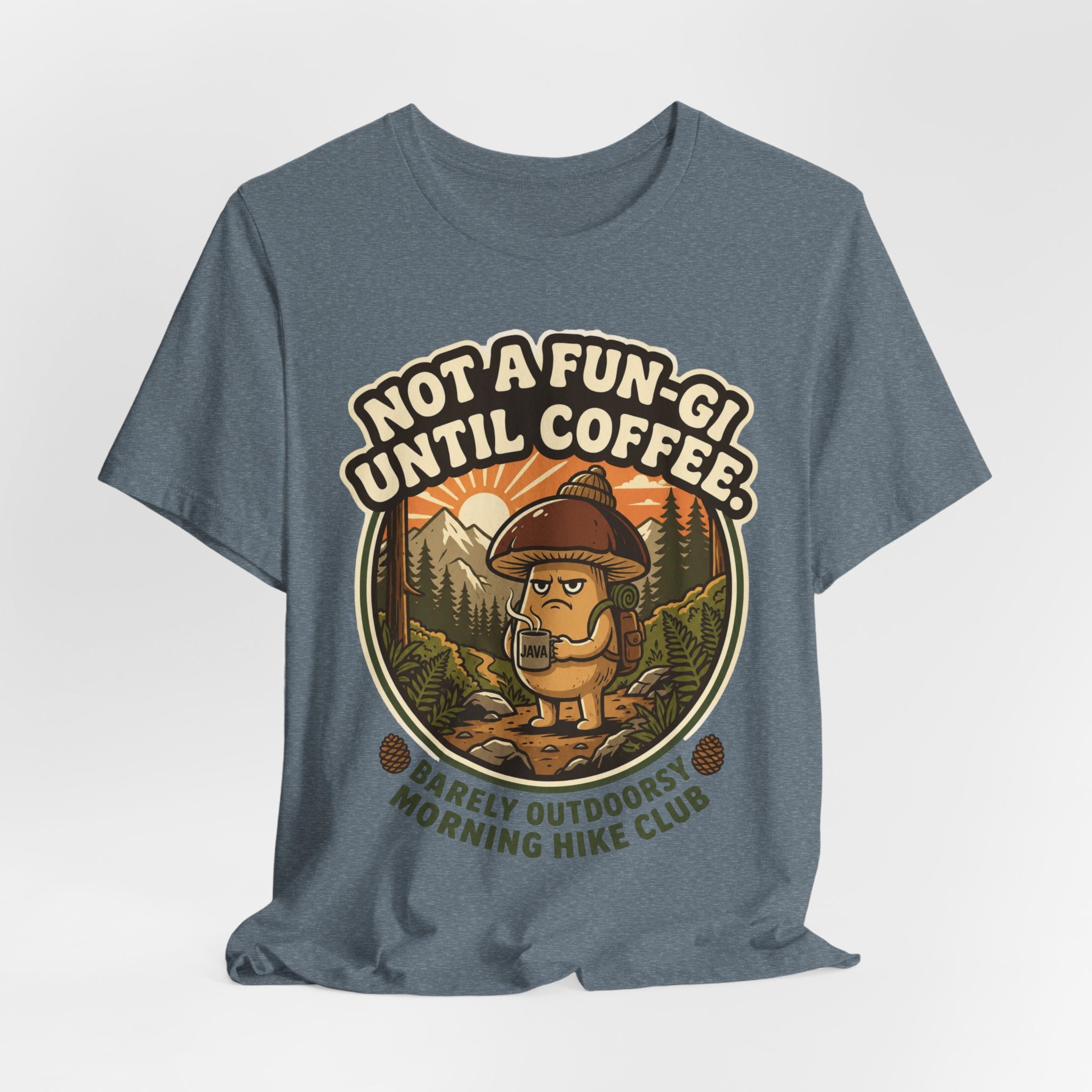 Not A Fun-Gi Until Coffee Tee in Charity Pink - funny mushroom coffee pun humor shirt, Barely Outdoorsy Bella Canvas