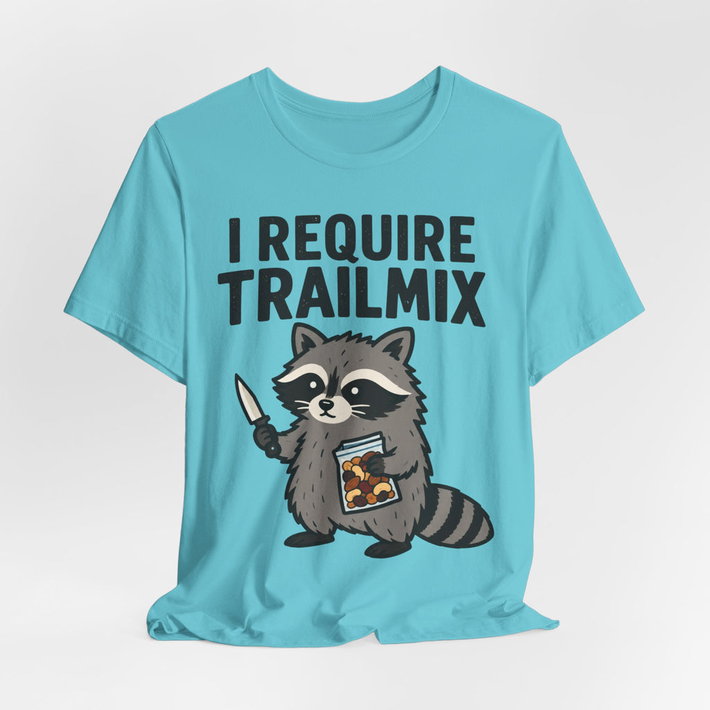 I Require Trailmix Raccoon Tee in Heather Sand Dune - funny raccoon trail mix shirt, Barely Outdoorsy Bella Canvas 3001