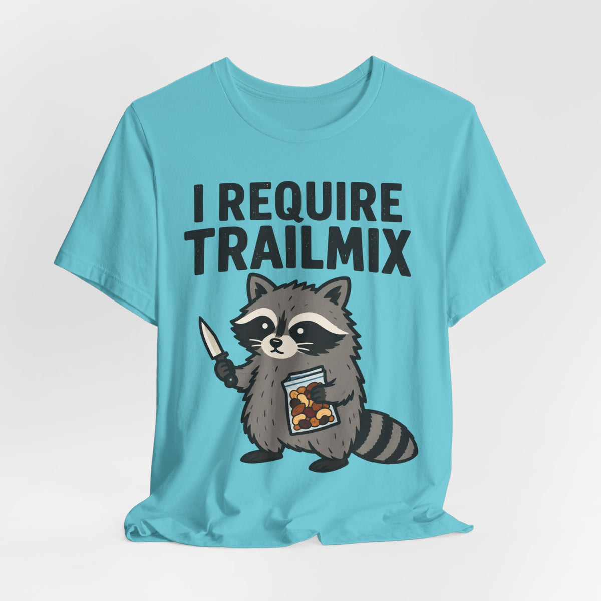 I Require Trailmix Raccoon Tee in Heather Sand Dune - funny raccoon trail mix shirt, Barely Outdoorsy Bella Canvas 3001