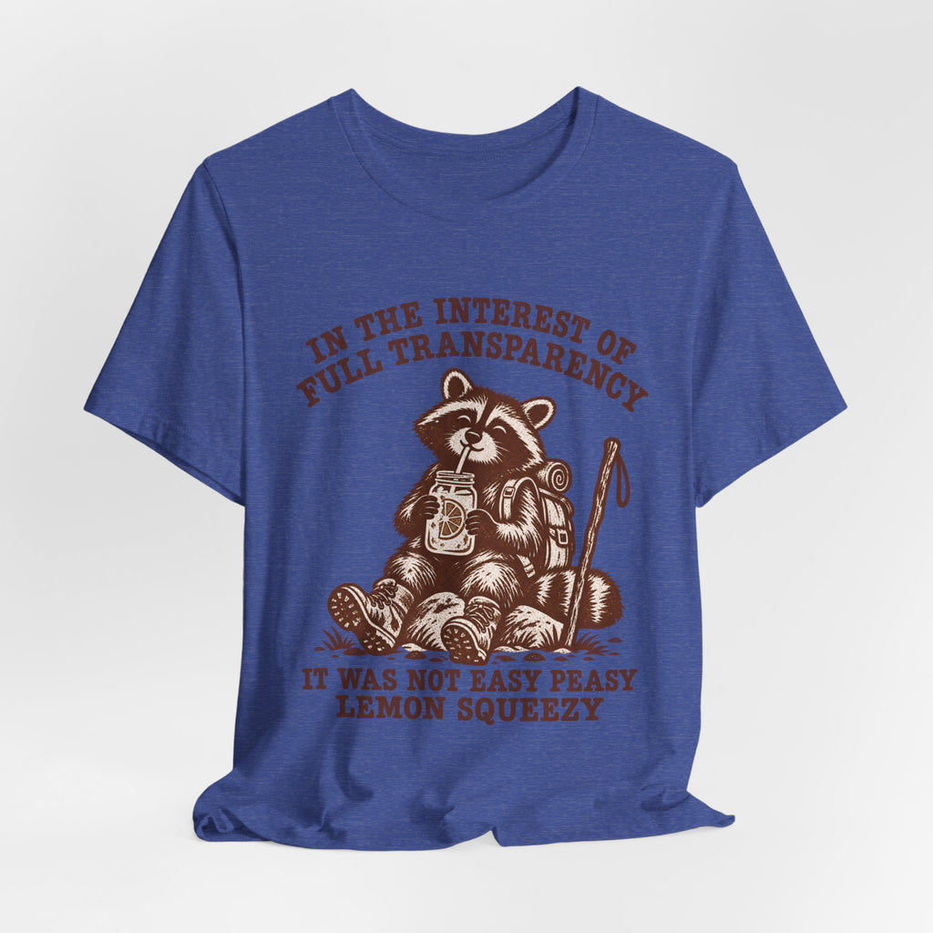 Full Transparency Raccoon Hiking Tee in Heather Prism Lilac - funny raccoon hiking shirt, Barely Outdoorsy Bella Canvas