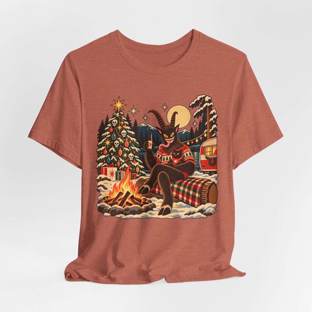Krampus Campfire Christmas T-Shirt in Heather Clay - funny dark Krampus campfire Christmas holiday graphic tee, Barely Outdoorsy
