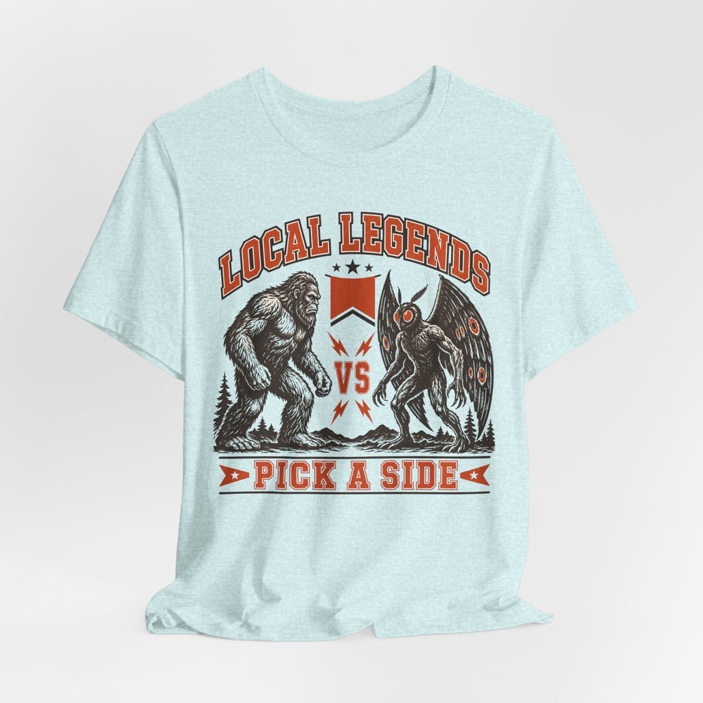Local Legends Bigfoot vs Mothman Tee in White detail - pennant VS lightning bolt cryptid showdown close-up graphic