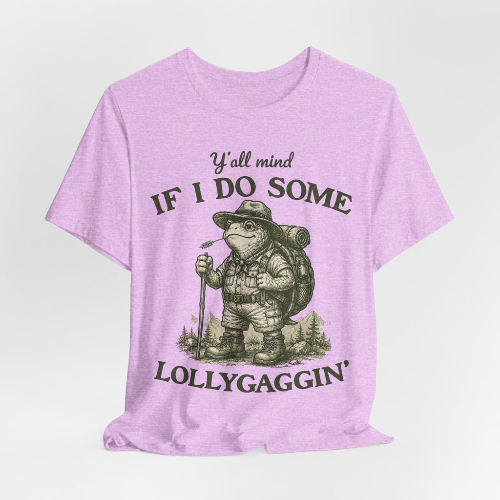 Lollygaggin' Tortoise Tee in Heather Prism Lilac - funny tortoise hiking humor shirt, Barely Outdoorsy Bella Canvas