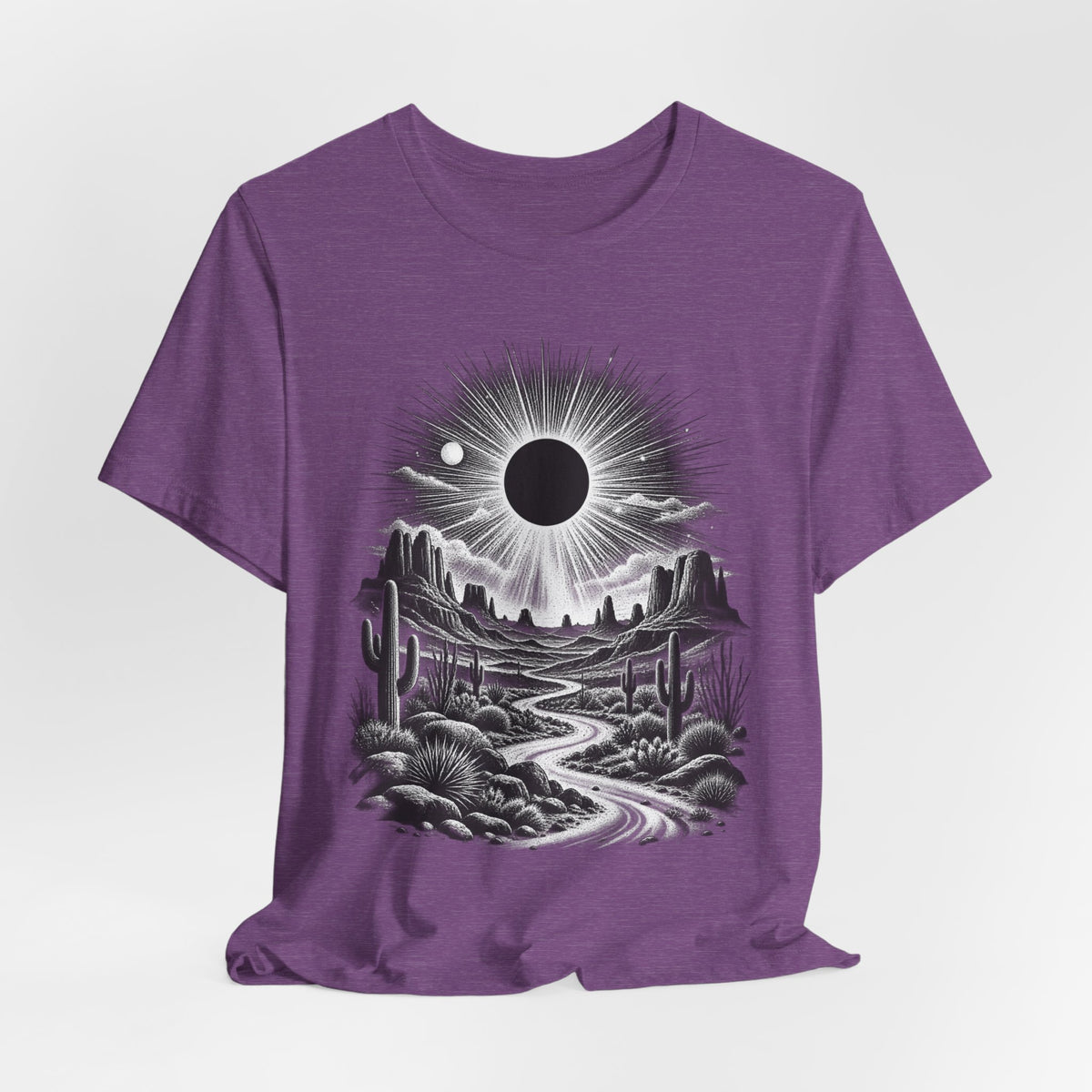 Desert Solar Eclipse T-Shirt in Heather Green - Southwest desert solar eclipse celestial graphic tee, Barely Outdoorsy