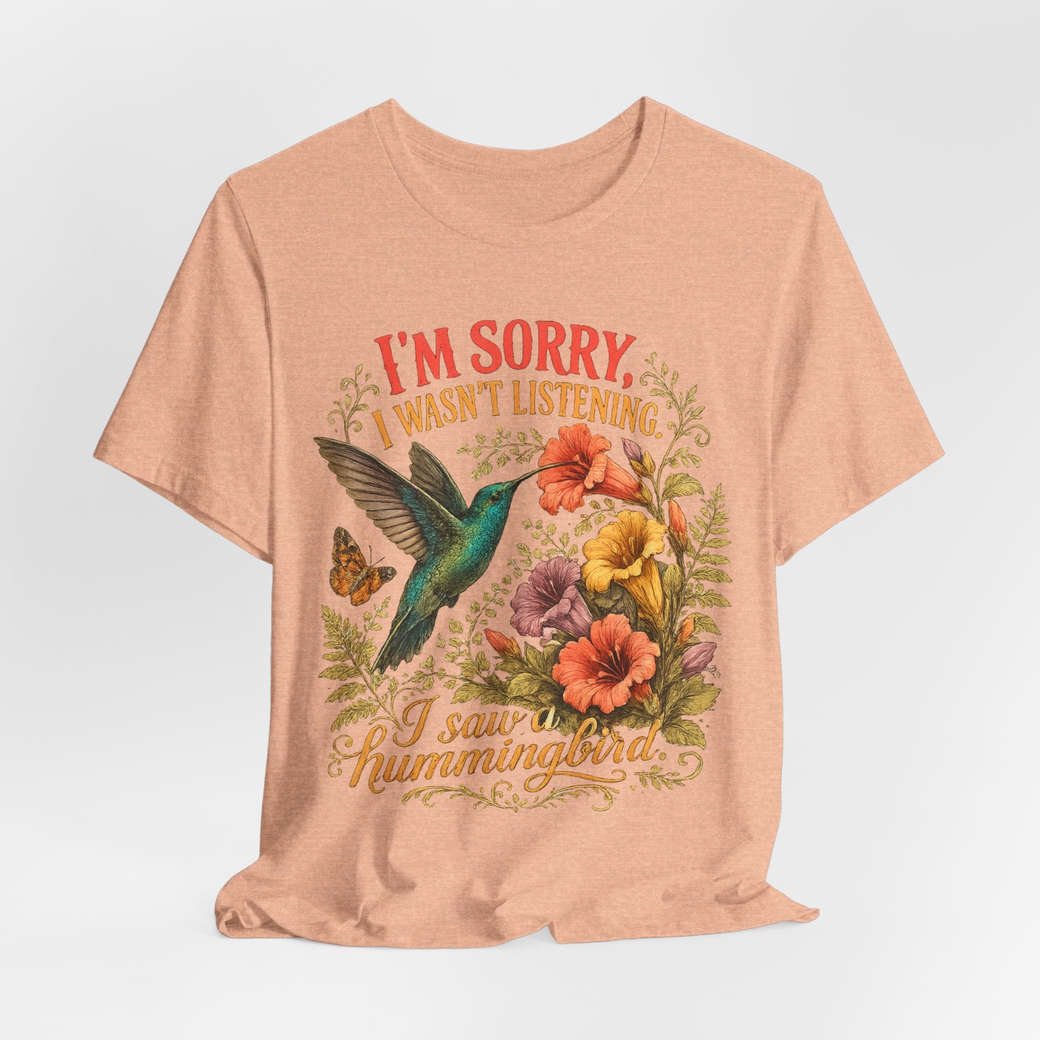 I Saw A Hummingbird T-Shirt in White - detailed hummingbird trumpet flower botanical tee, Bella Canvas 3001