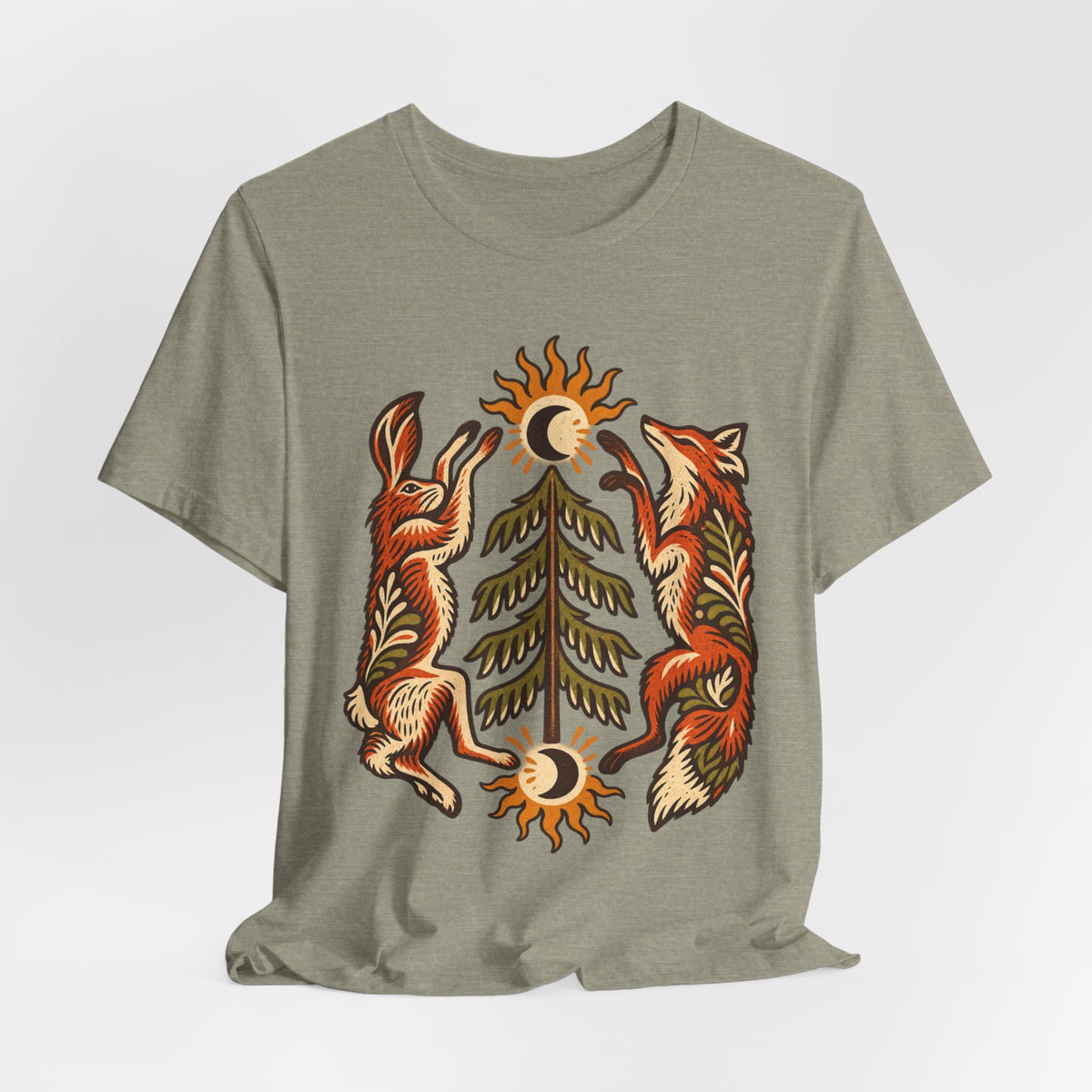 Fox and Hare Folk Art T-Shirt in White - folk art fox and hare woodland wildlife graphic tee, Barely Outdoorsy