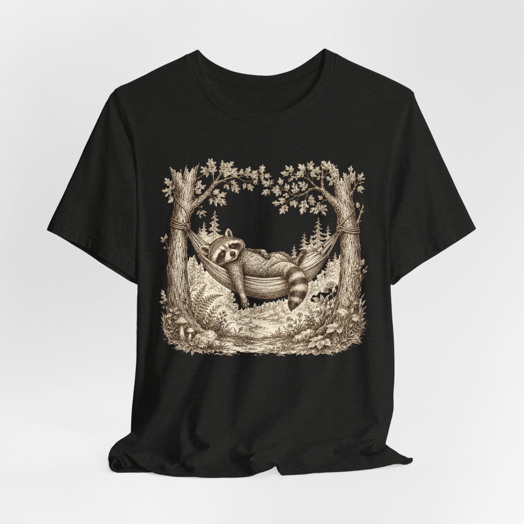Raccoon Hammock Tee in Black Heather - sepia etching raccoon hammock mushroom forest shirt, Barely Outdoorsy