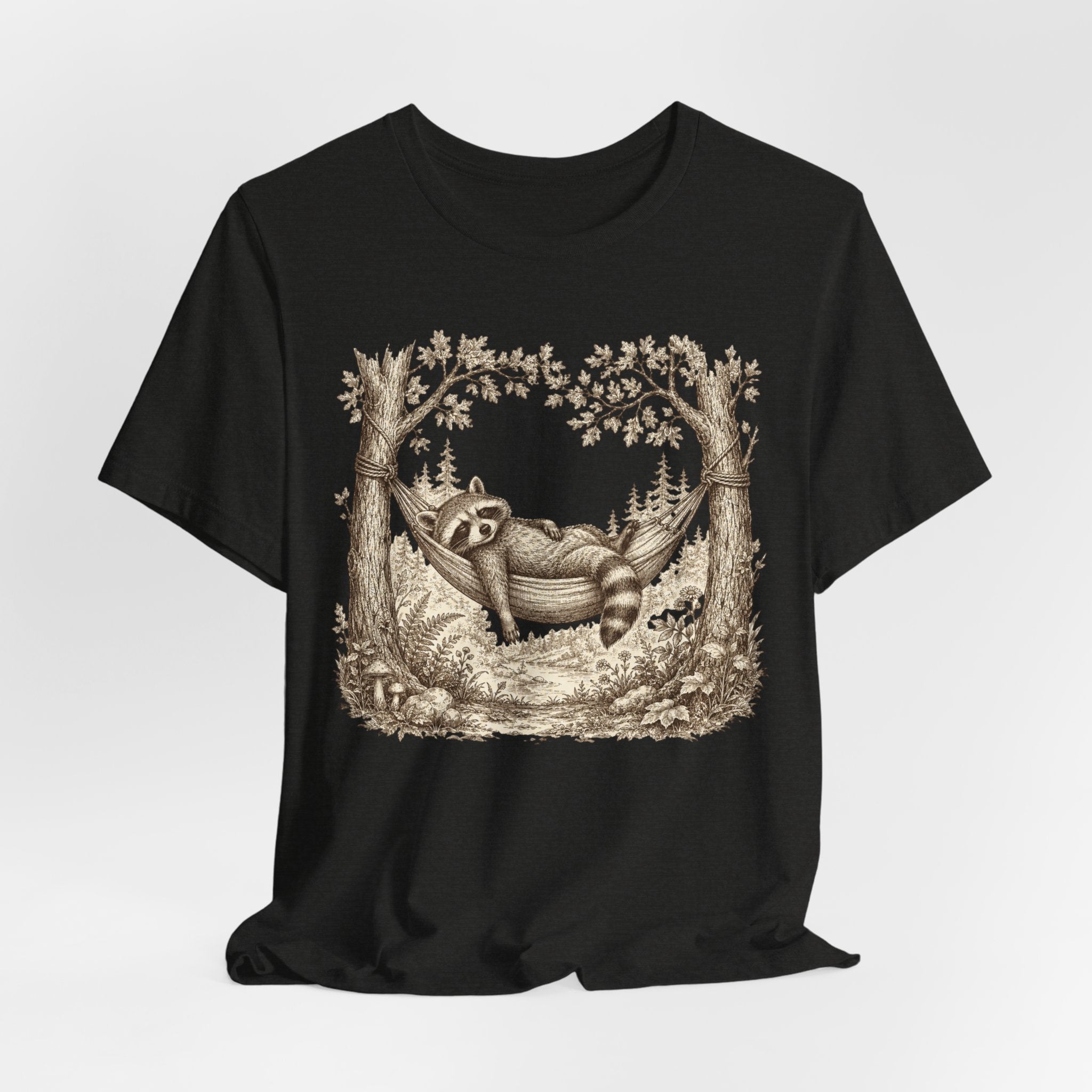Raccoon Hammock Tee in Black Heather - sepia etching raccoon hammock mushroom forest shirt, Barely Outdoorsy