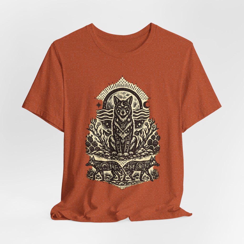 Moonlit Coyote Linocut T-Shirt in Heather Purple - Southwest linocut moonlit coyote woodcut graphic tee, Barely Outdoorsy