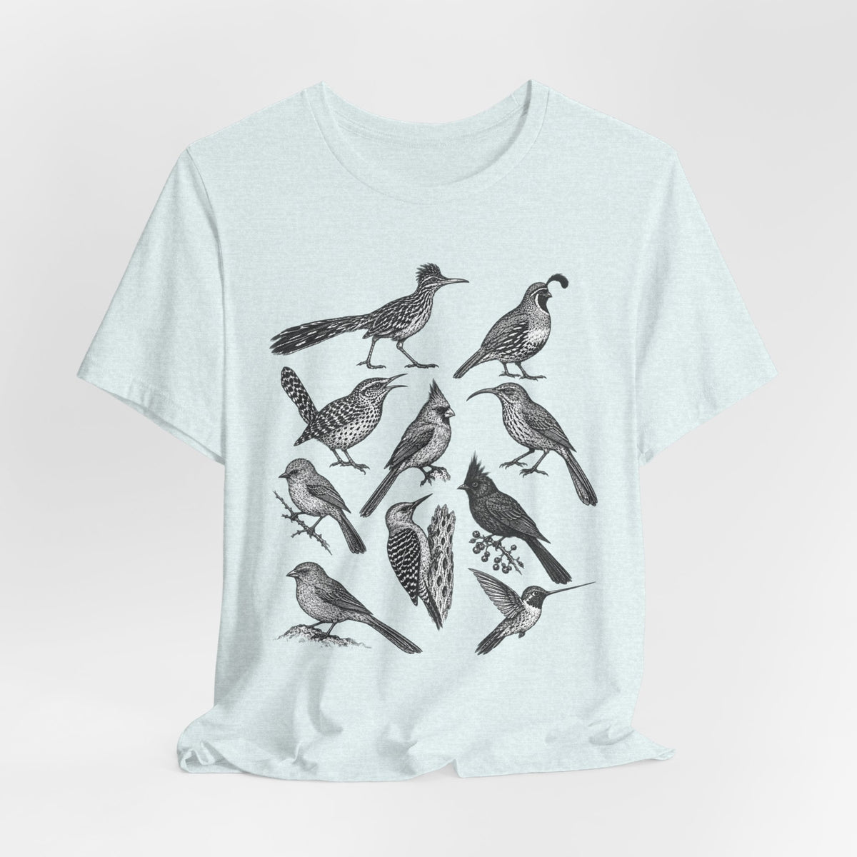 Desert Birds Field Guide Tee flat lay Heather True Royal - unisex crew neck desert birds graphic tee, Barely Outdoorsy