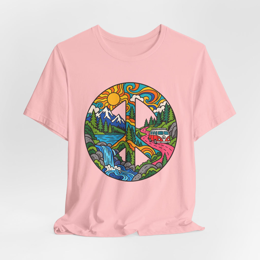 Peace Sign Mountain Van T-Shirt in Athletic Heather - retro van life mountain camping graphic tee, Barely Outdoorsy Bella Canvas 3001