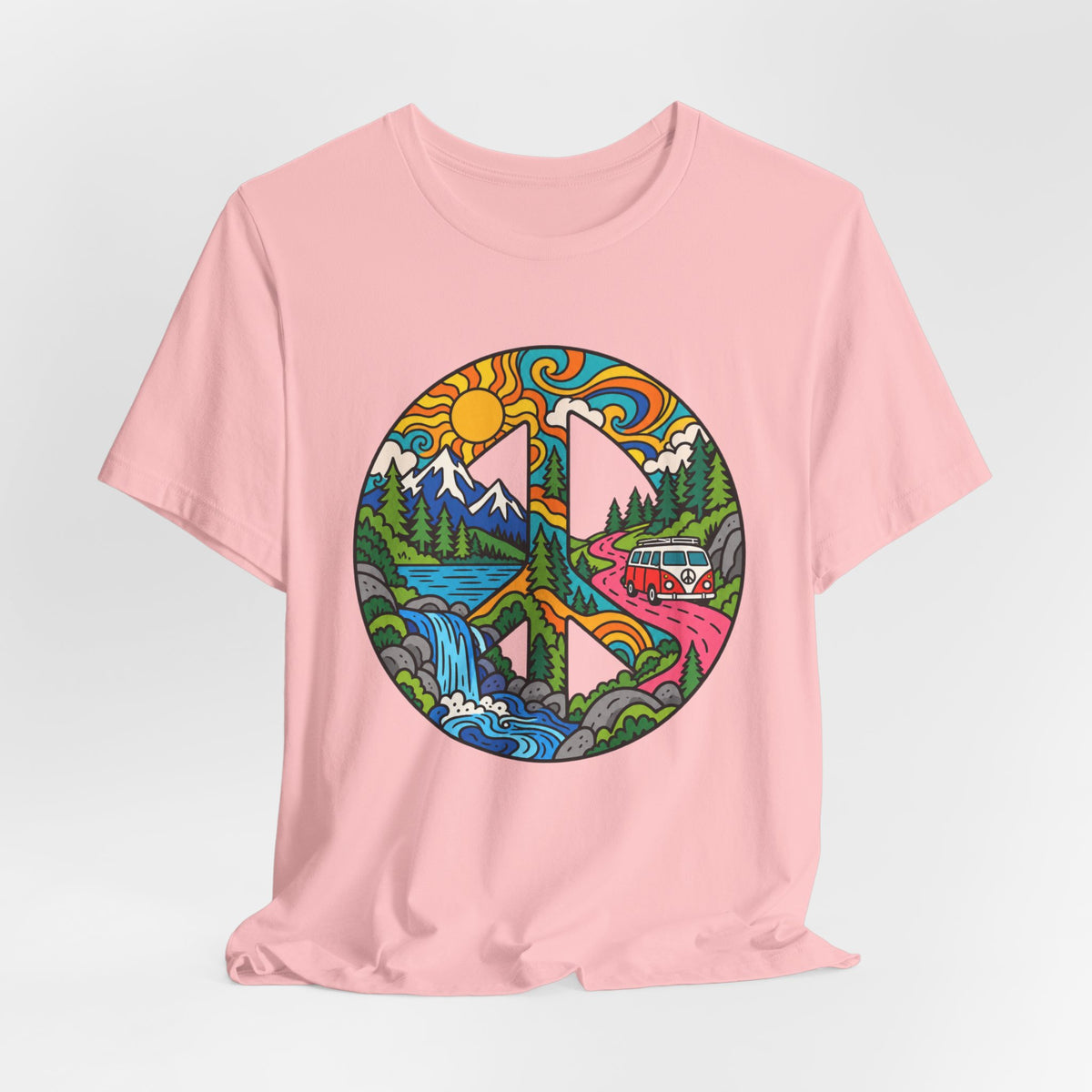 Peace Sign Mountain Van T-Shirt in Athletic Heather - retro van life mountain camping graphic tee, Barely Outdoorsy Bella Canvas 3001