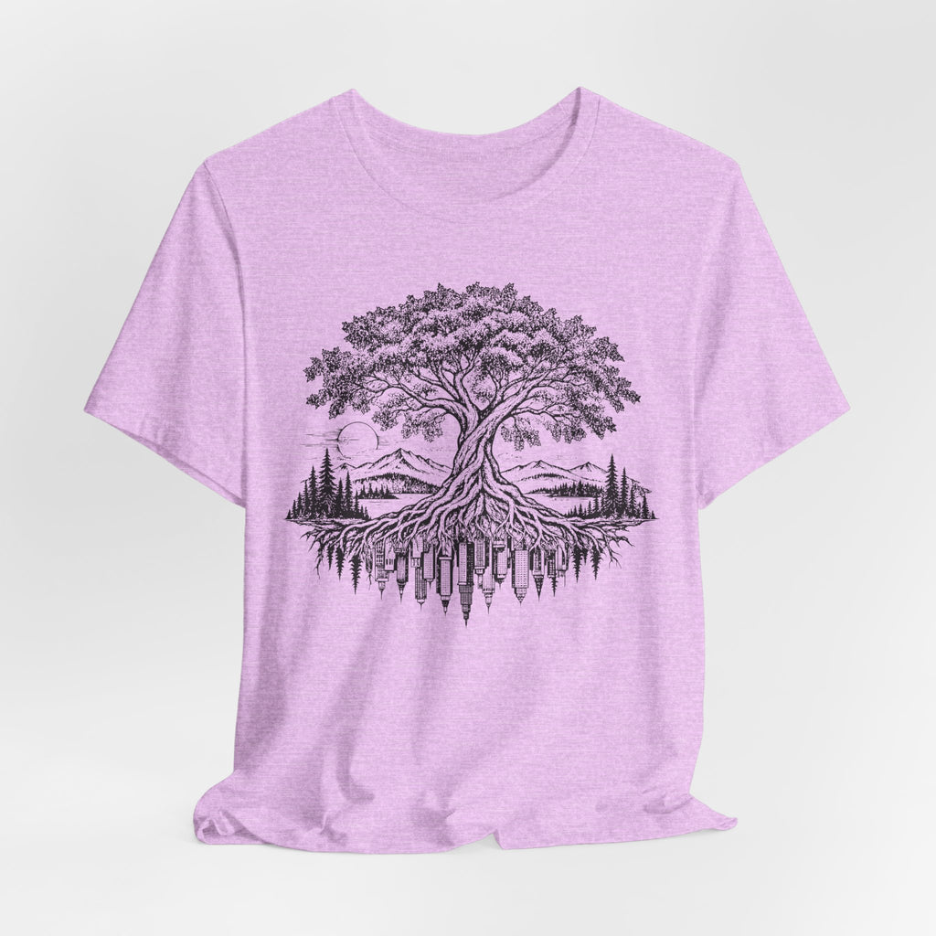 Urban Roots Tree Tee in Heather Peach detail - botanical urban roots tree close-up graphic