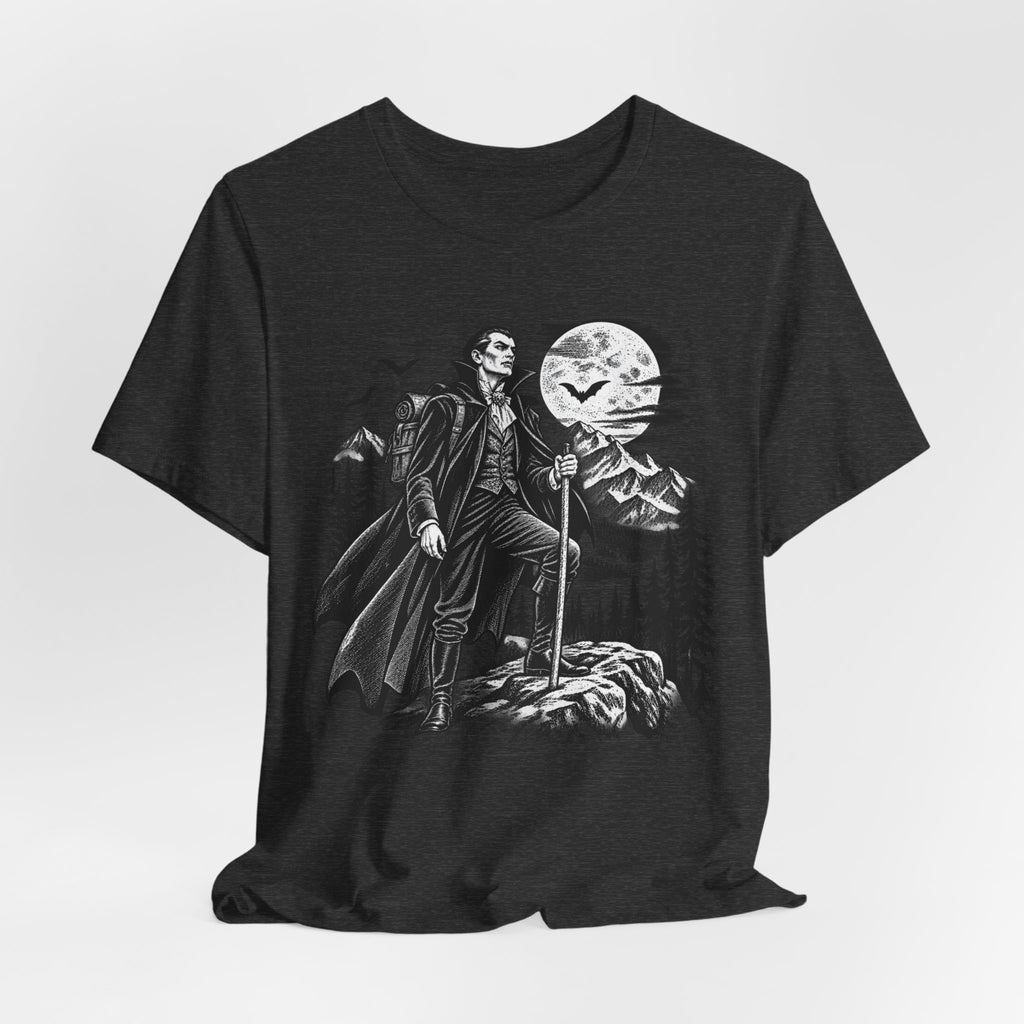 Vampire Night Hiker Tee in Heather Raspberry - funny vampire hiker Halloween shirt, Barely Outdoorsy