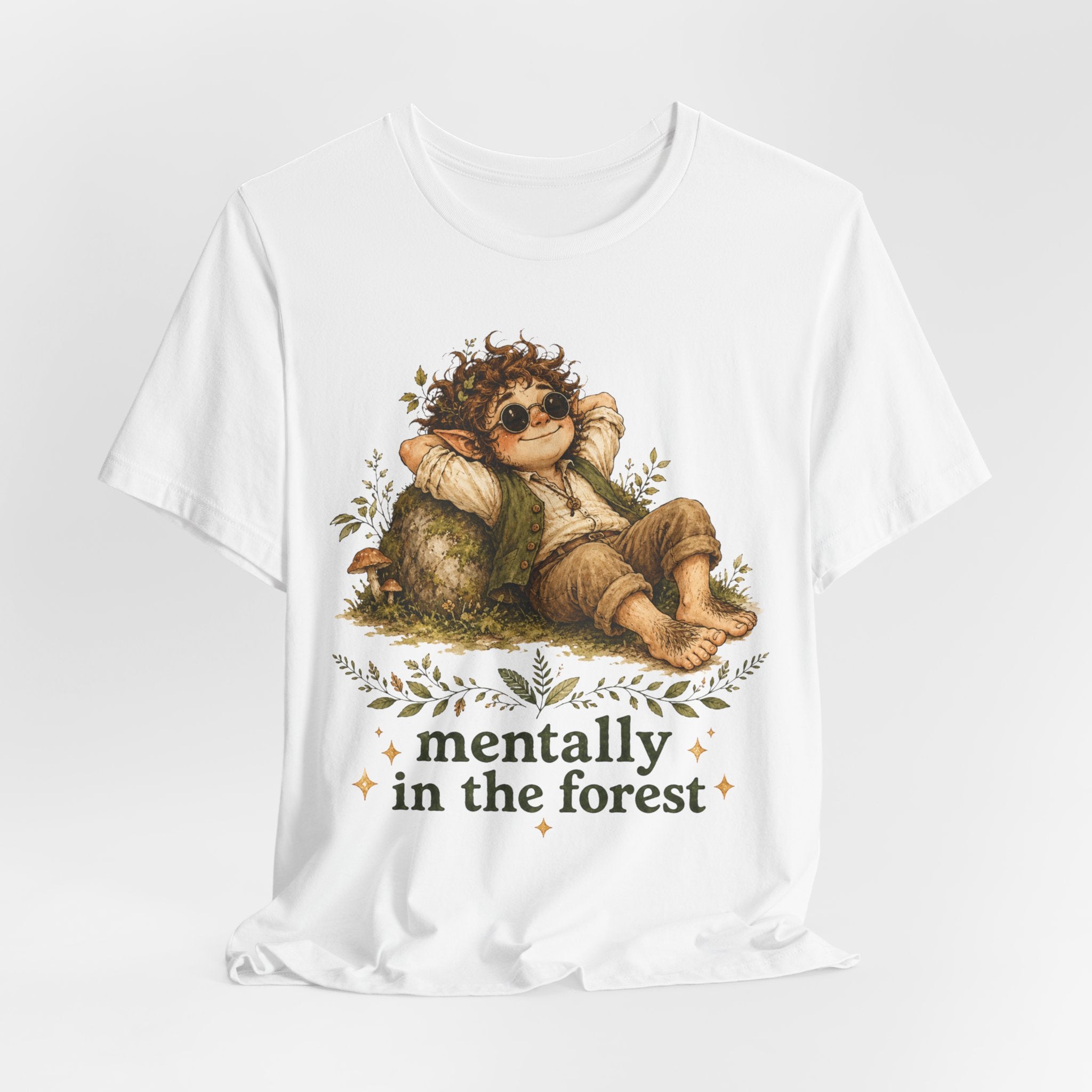 Mentally In The Forest T-Shirt in Heather Peach - forest folk character sunglasses botanical graphic tee, Barely Outdoorsy Bella Canvas