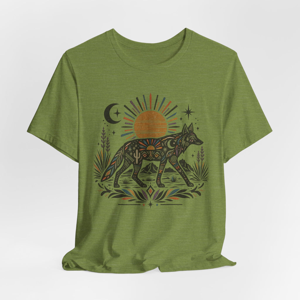 Boho Desert Sun Coyote T-Shirt in Heather Dusty Blue - boho Southwest desert sun coyote mandala graphic tee, Barely Outdoorsy