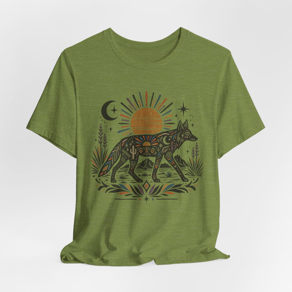 Boho Desert Sun Coyote T-Shirt in Heather Dusty Blue - boho Southwest desert sun coyote mandala graphic tee, Barely Outdoorsy