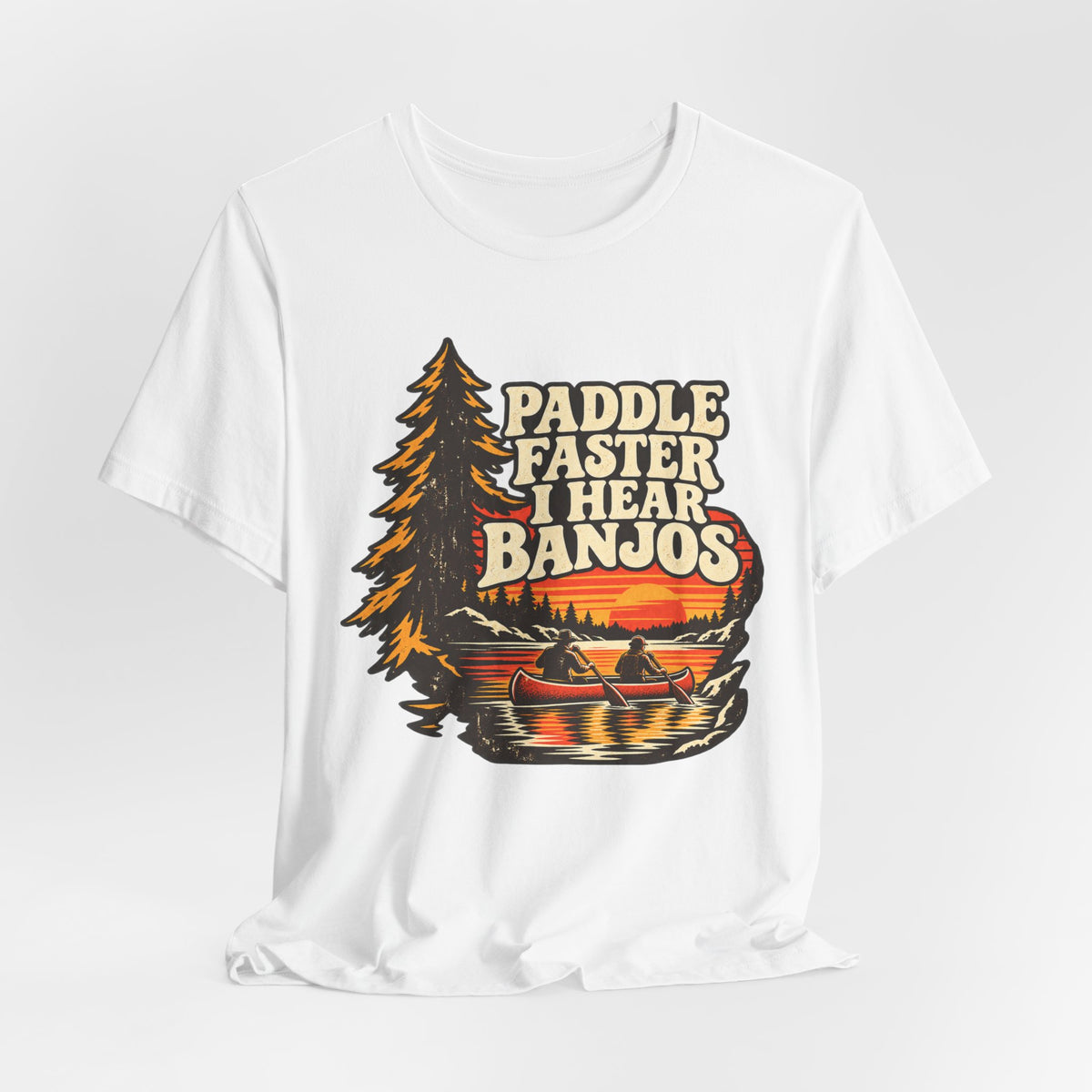 Paddle Faster I Hear Banjos Canoe T-Shirt in Heather Autumn - funny canoe banjos camping humor tee, Barely Outdoorsy